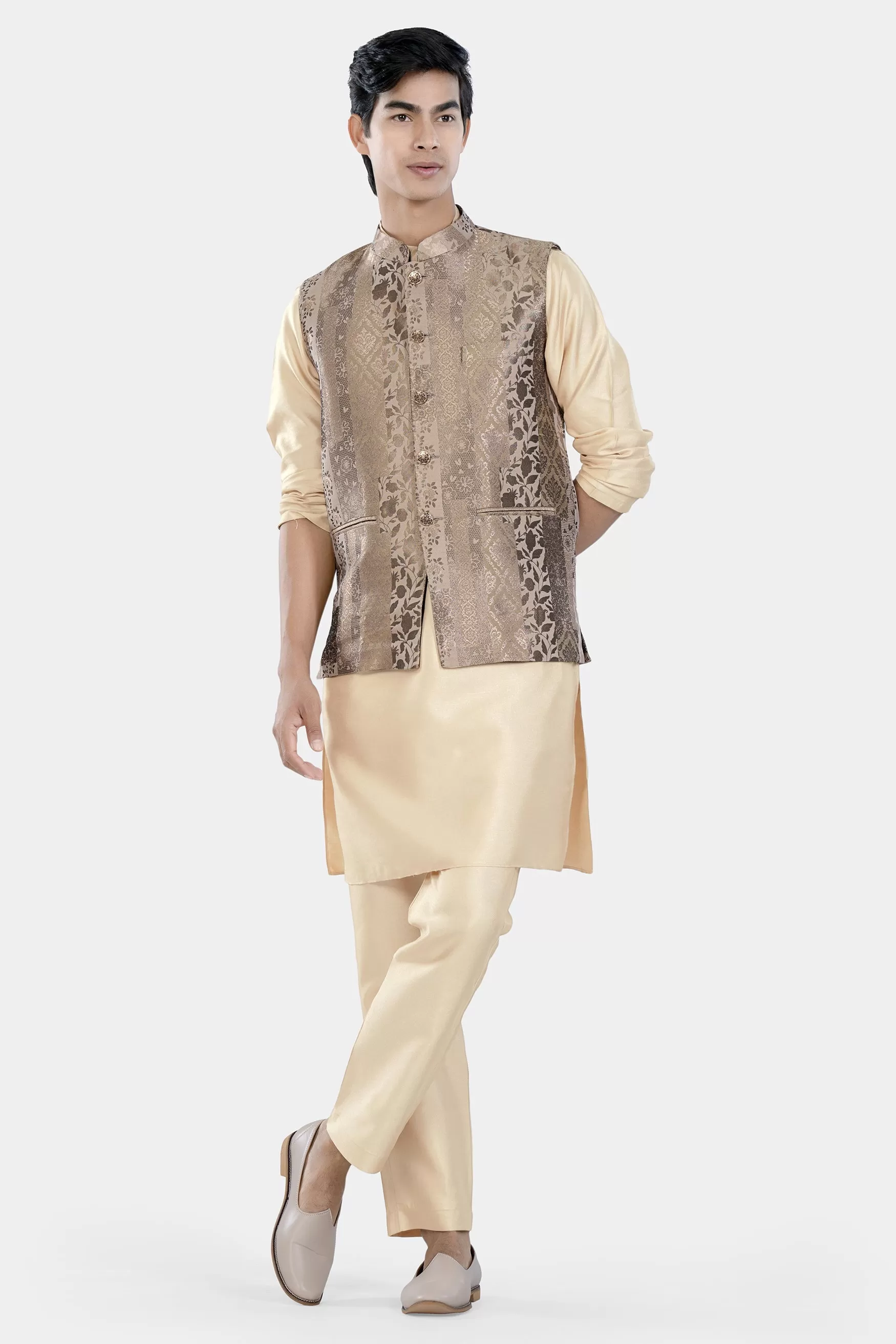 Almond Brown Kurta Set with Cashmere and Sandrift Brown Floral Jacquard Textured Designer Nehru Jacket