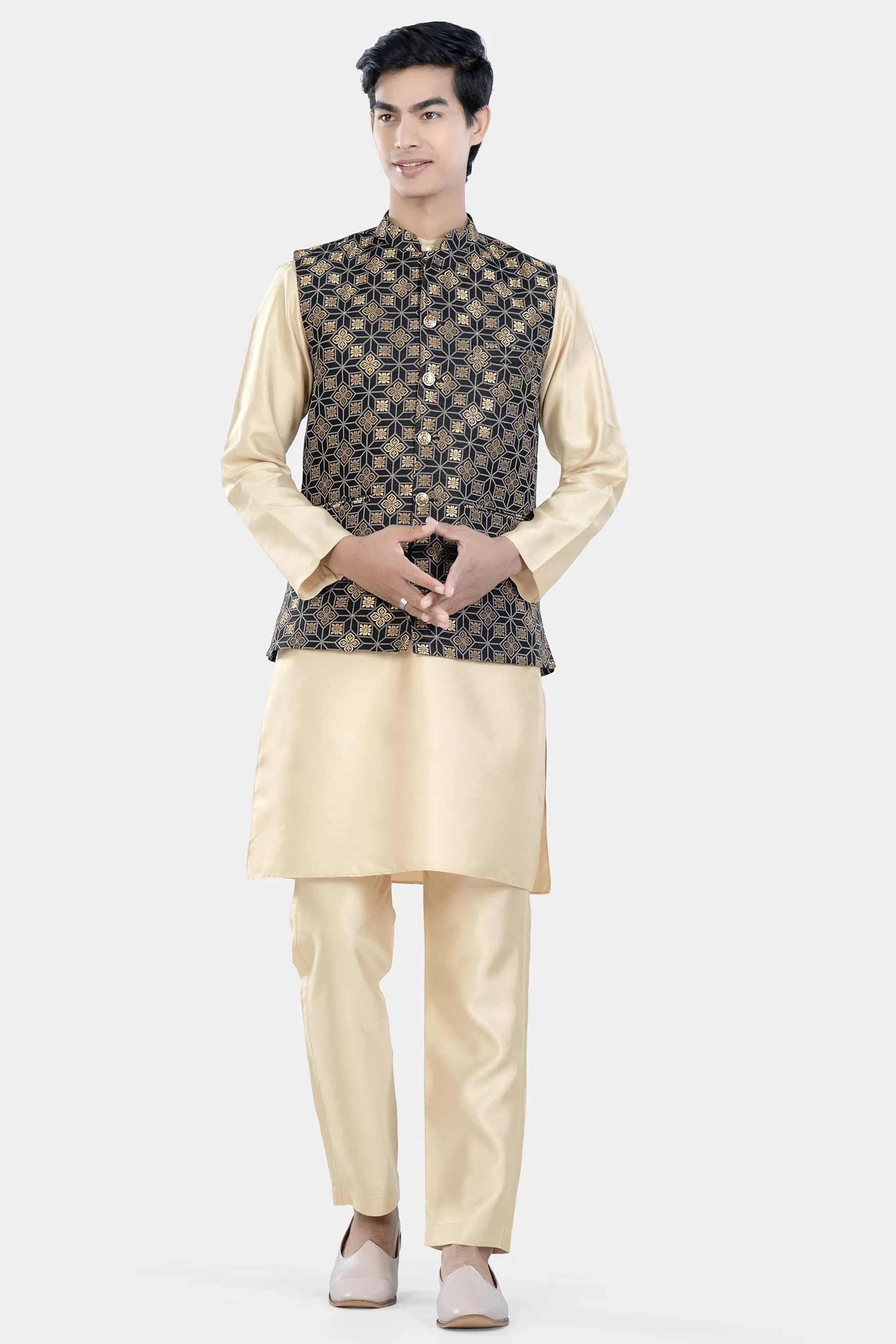 Almond Brown Kurta Set with Cinder Black and Tan Brown Geometric Jacquard Textured Designer Nehru Jacket