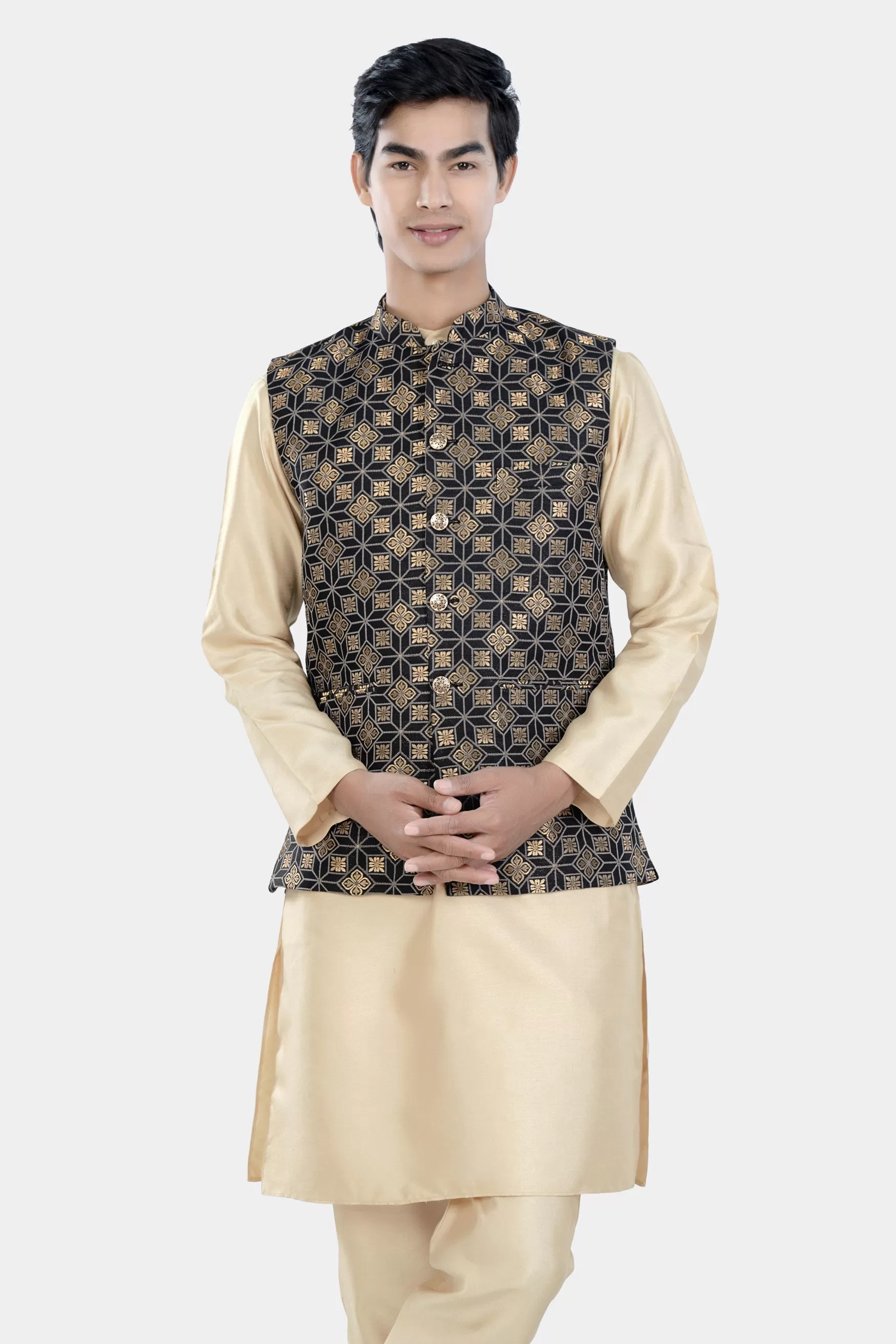 Almond Brown Kurta Set with Cinder Black and Tan Brown Geometric Jacquard Textured Designer Nehru Jacket