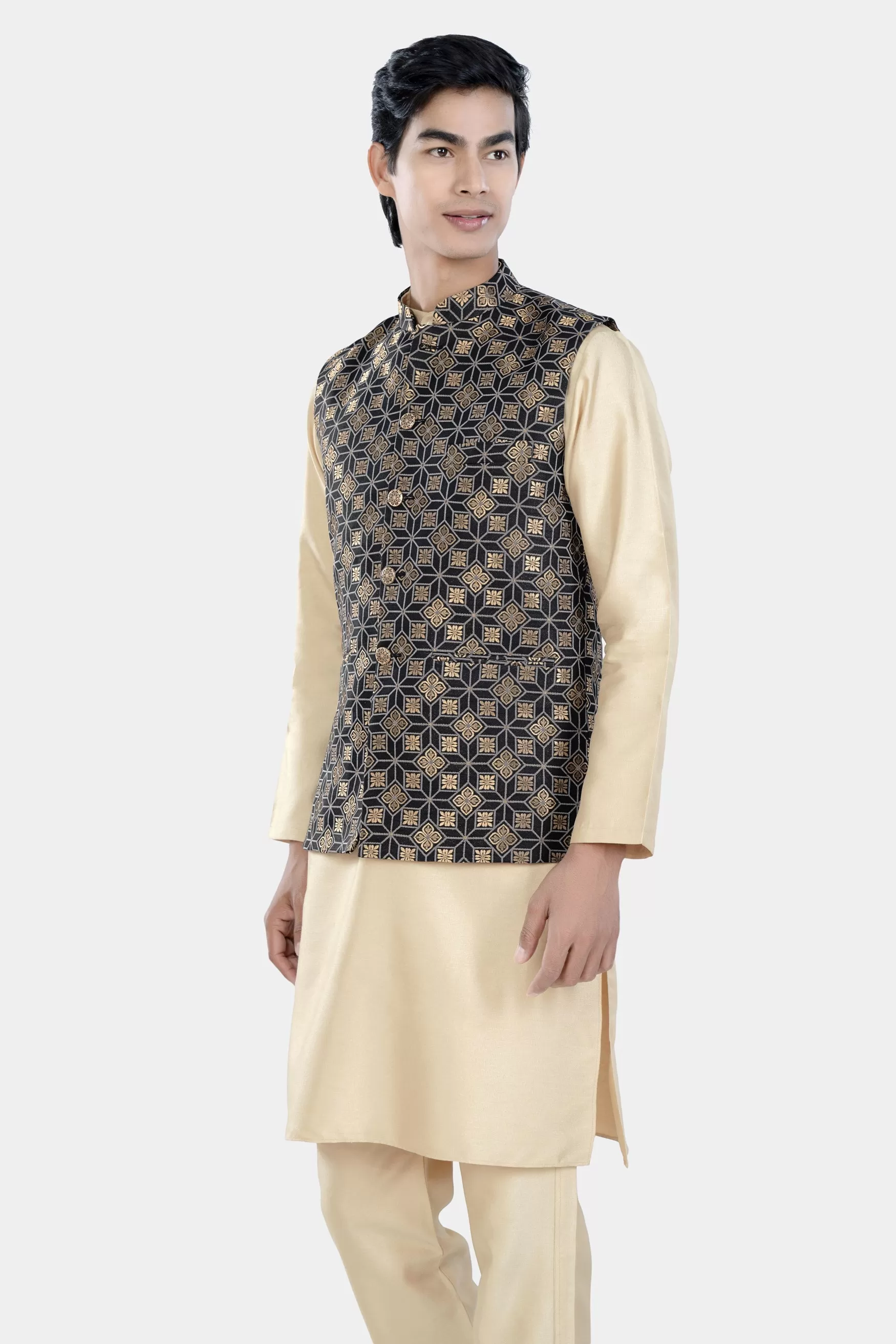 Almond Brown Kurta Set with Cinder Black and Tan Brown Geometric Jacquard Textured Designer Nehru Jacket