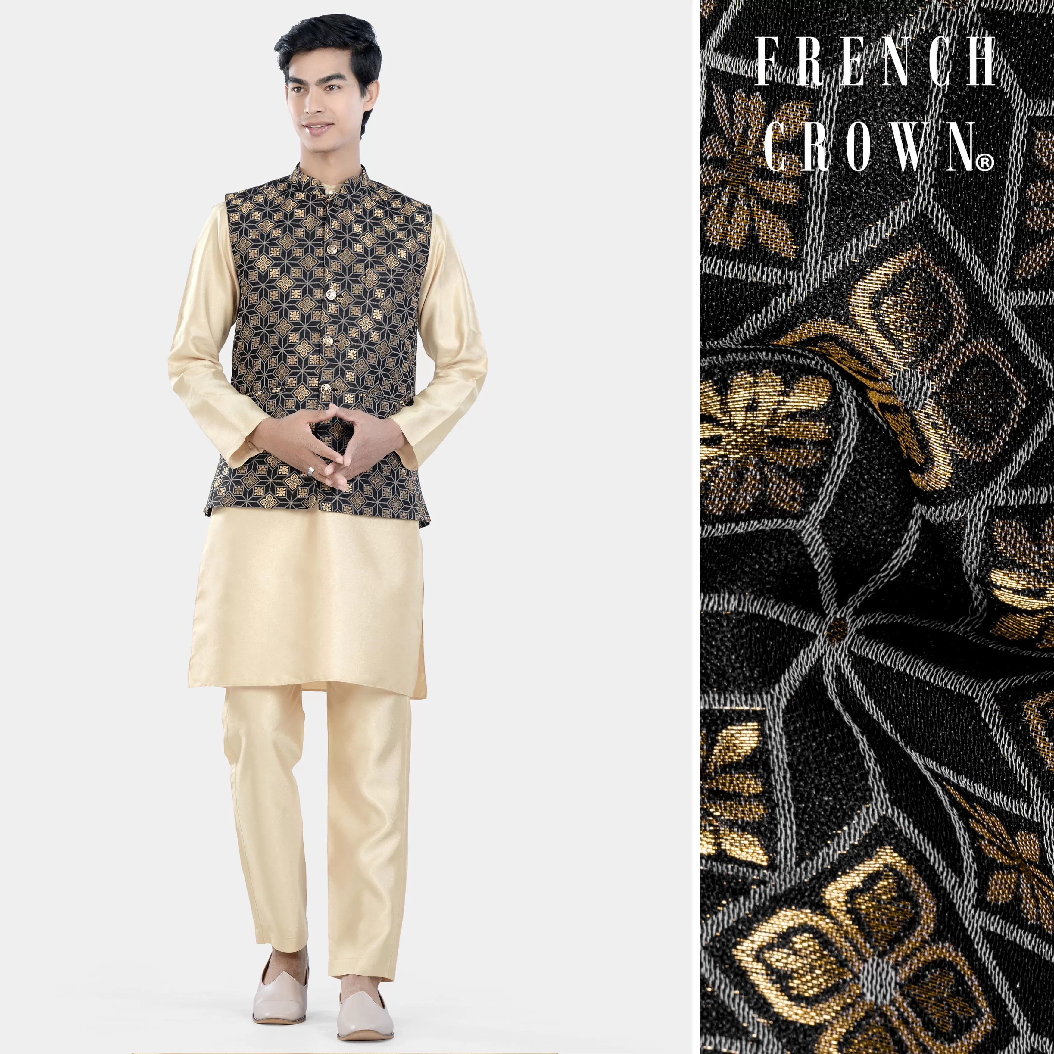 Almond Brown Kurta Set with Cinder Black and Tan Brown Geometric Jacquard Textured Designer Nehru Jacket