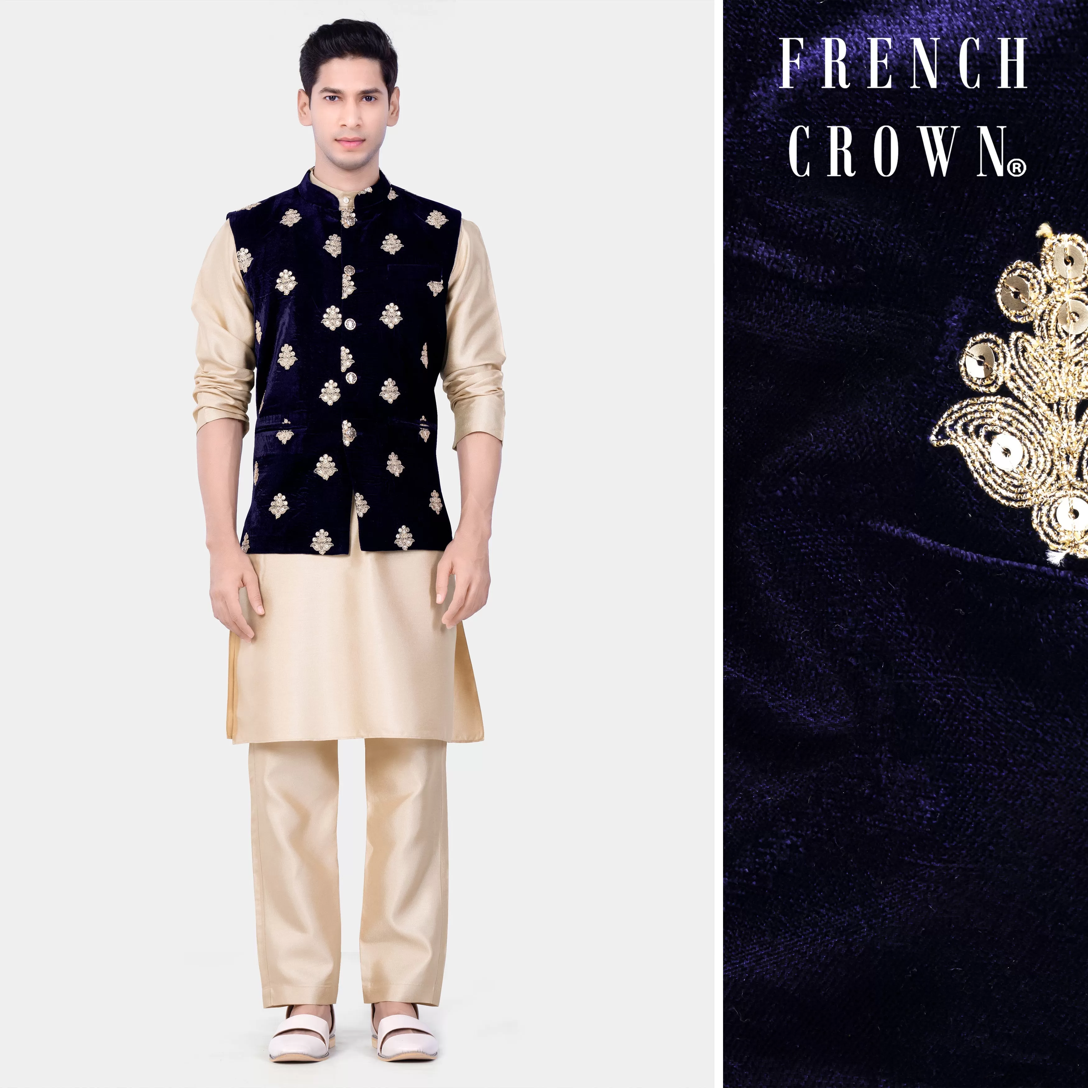 Almond Brown Kurta Set With Cinder Blue Designer Velvet Sequin And Thread Embroidered Nehru Jacket