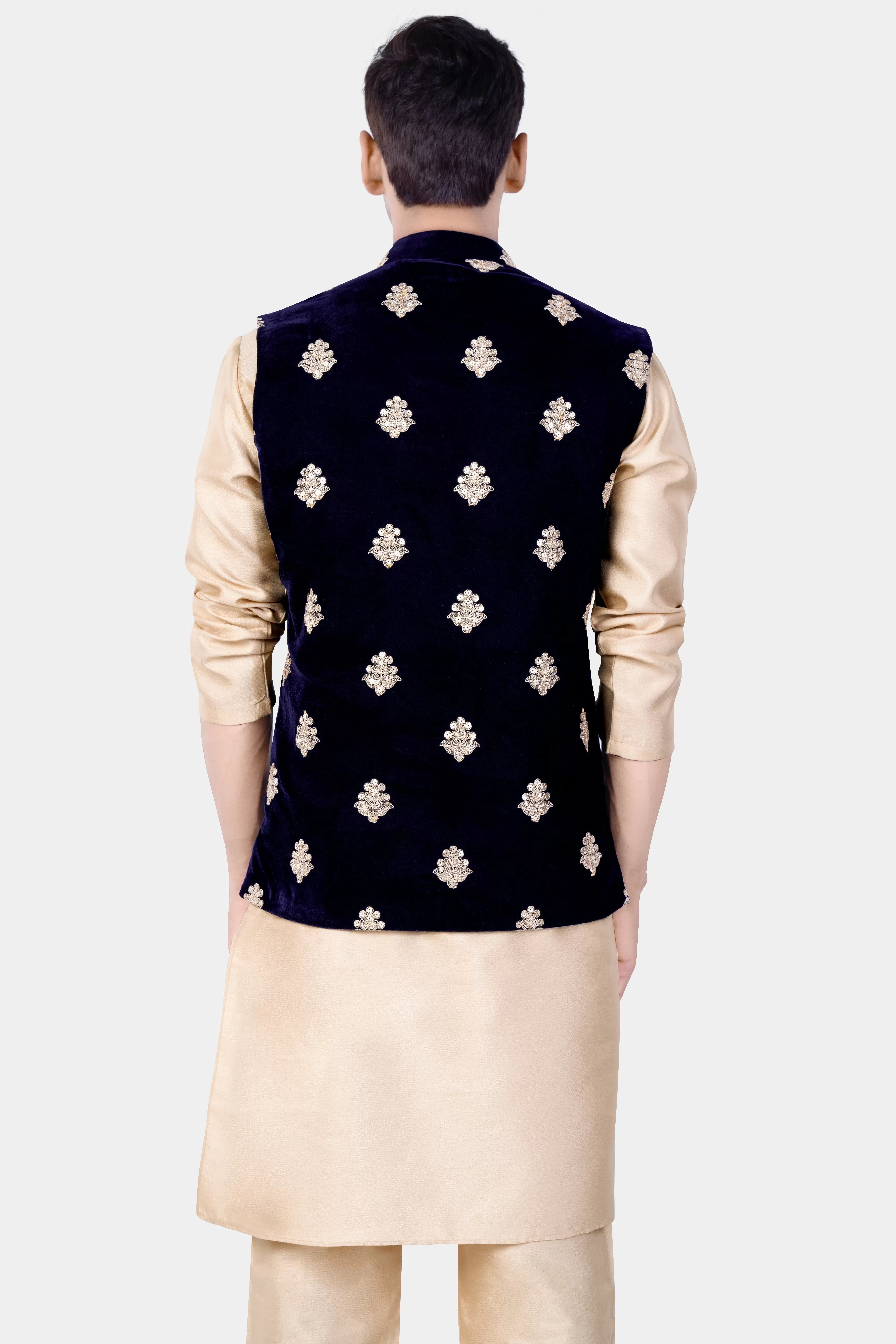 Almond Brown Kurta Set With Cinder Blue Designer Velvet Sequin And Thread Embroidered Nehru Jacket