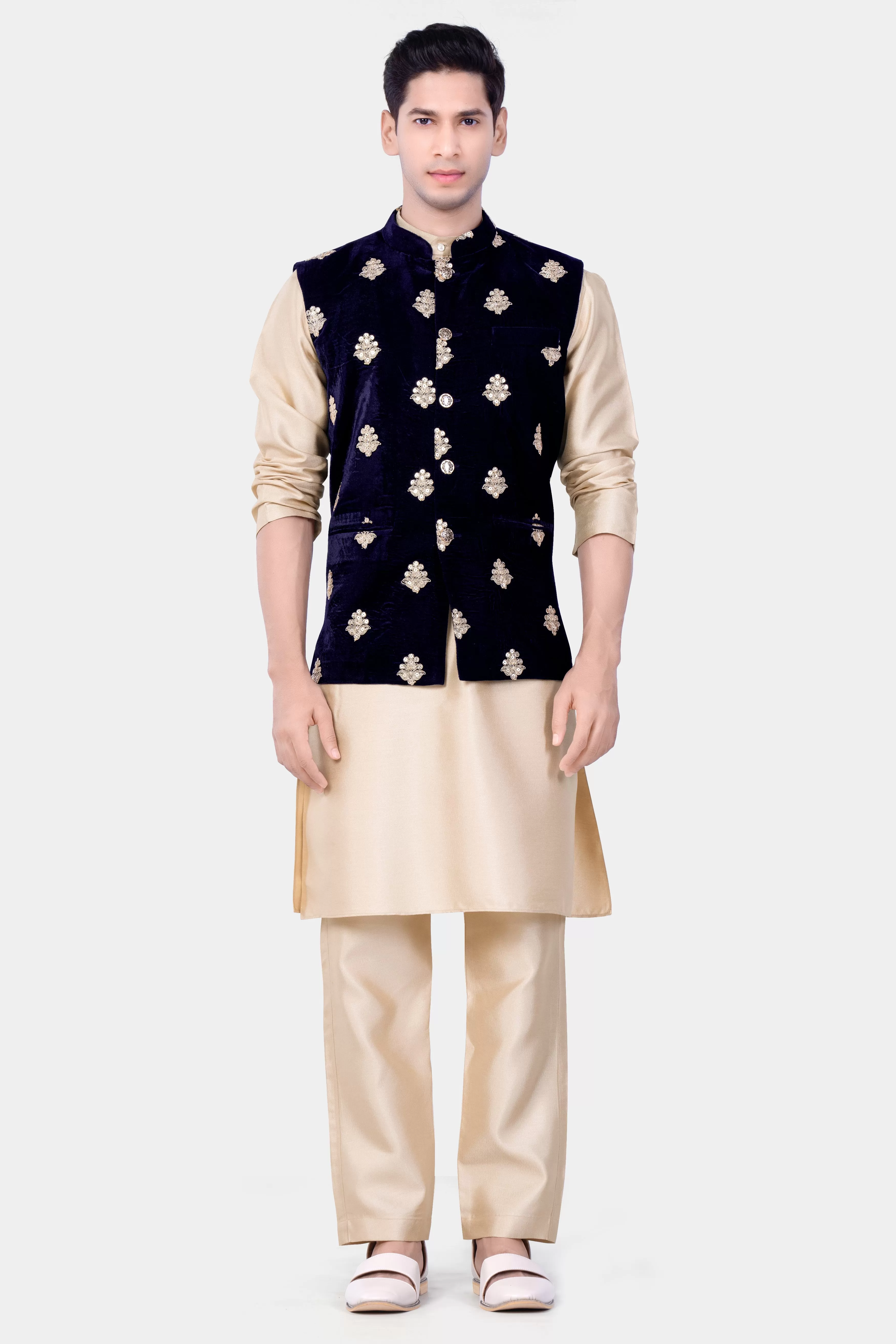 Almond Brown Kurta Set With Cinder Blue Designer Velvet Sequin And Thread Embroidered Nehru Jacket