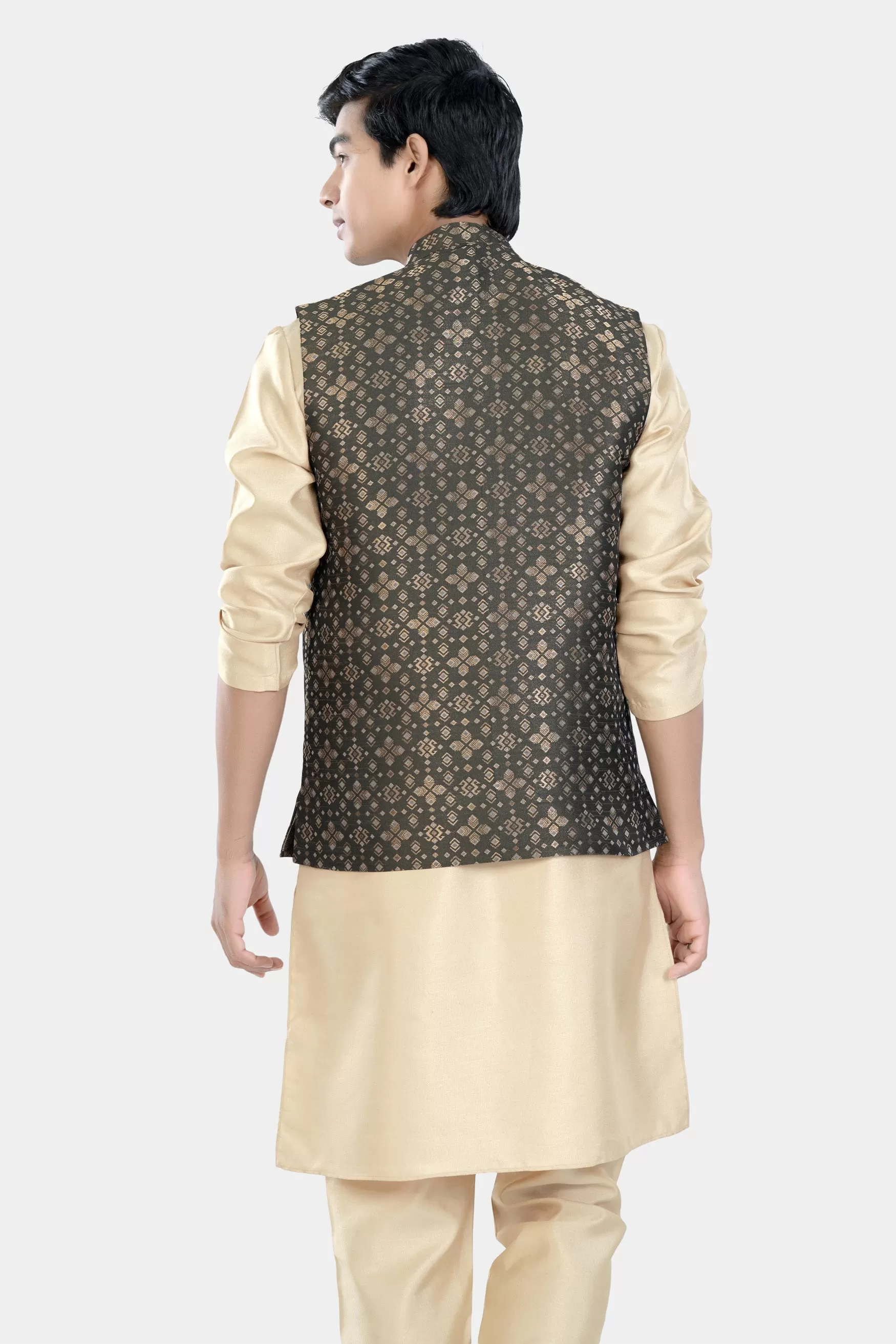 Almond Brown Kurta Set with Fuscous Green and Mongoose Brown Floral Jacquard Textured Designer Nehru Jacket