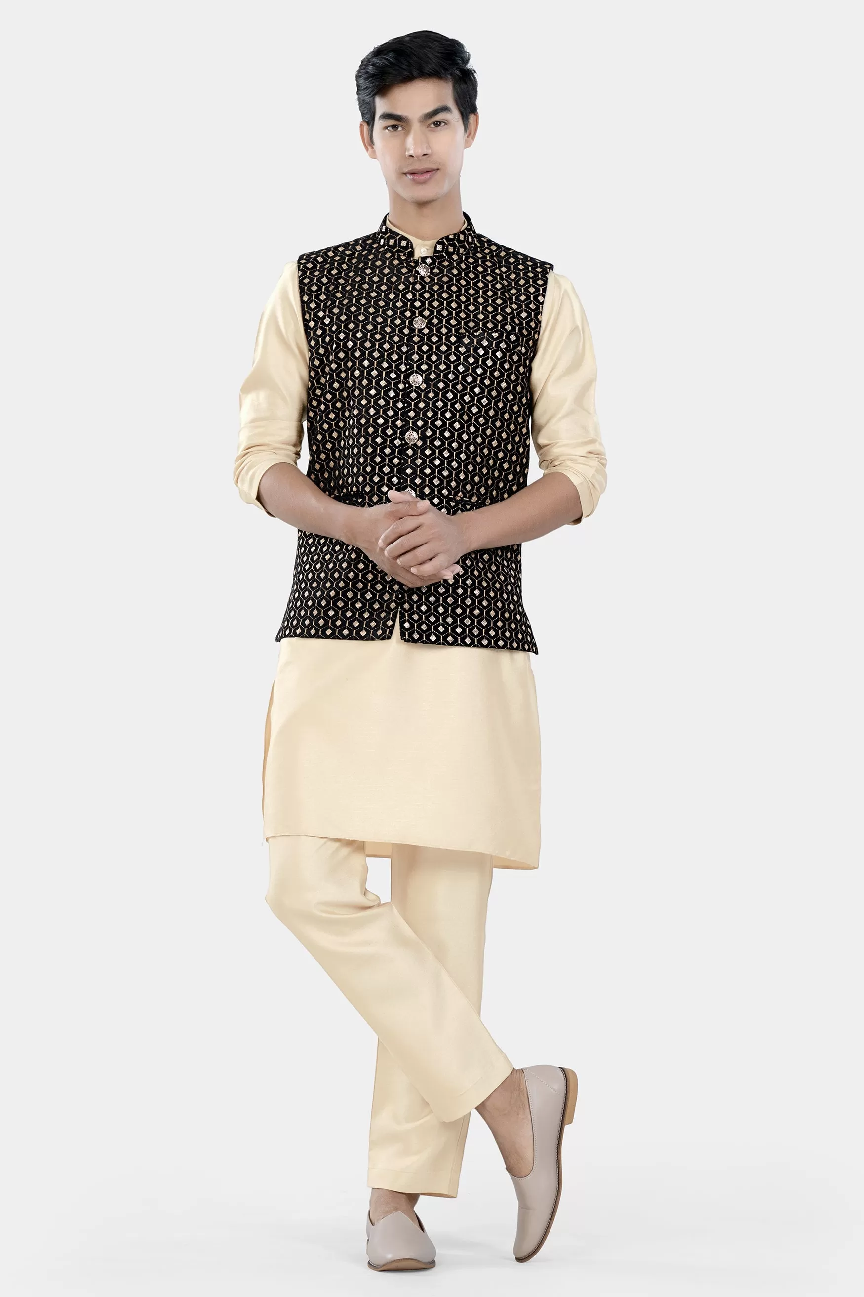 Almond Brown Kurta Set with Jade Black and Fawn Brown Hexagon Thread and Sequin Embroidered Designer Nehru Jacket