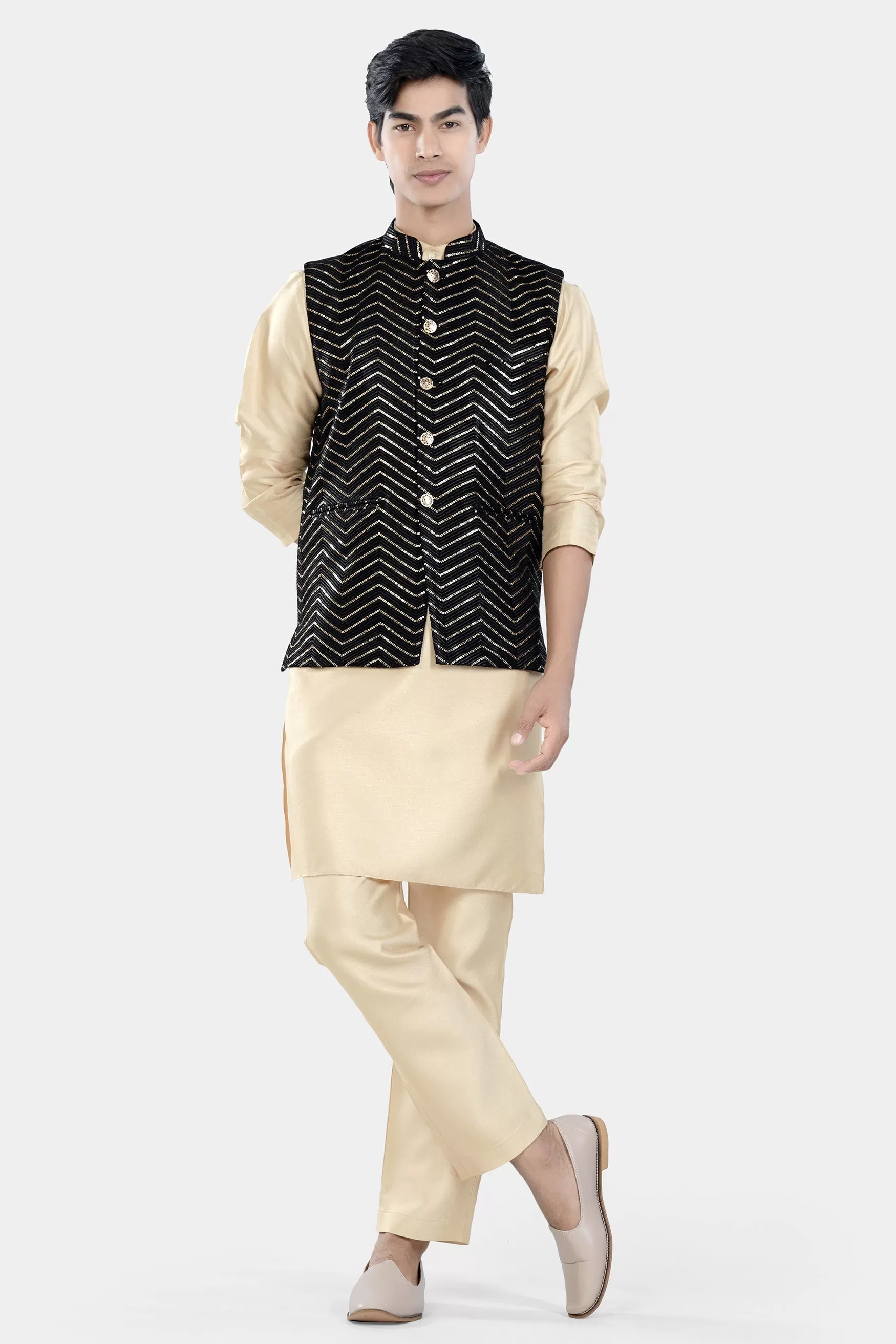 Almond Brown Kurta Set with Jade Black Chevron Thread and Sequin Embroidered Designer Nehru Jacket