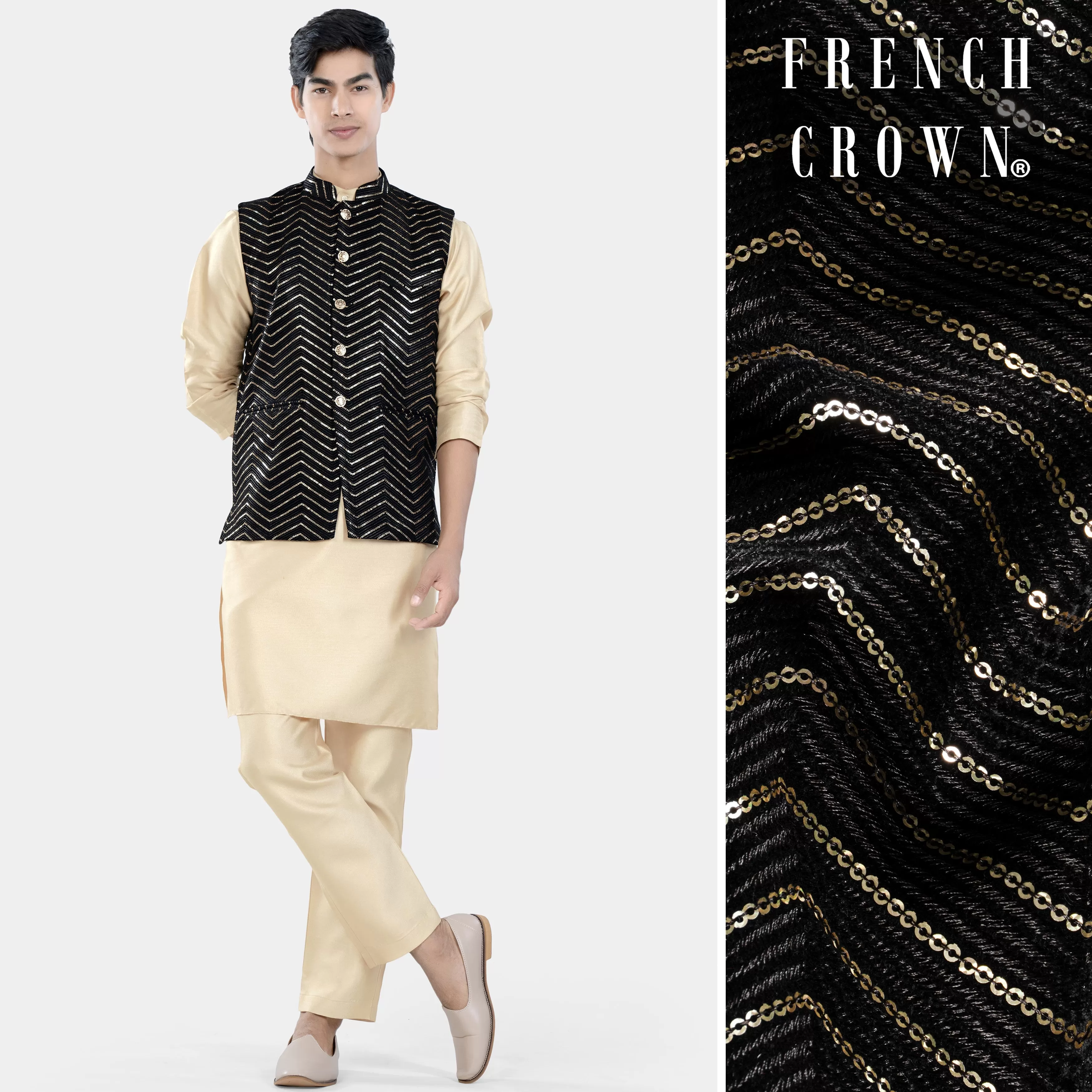 Almond Brown Kurta Set with Jade Black Chevron Thread and Sequin Embroidered Designer Nehru Jacket