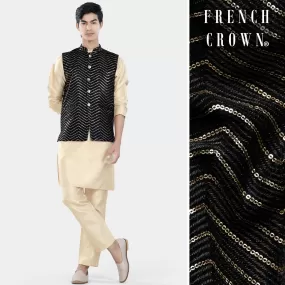 Almond Brown Kurta Set with Jade Black Chevron Thread and Sequin Embroidered Designer Nehru Jacket