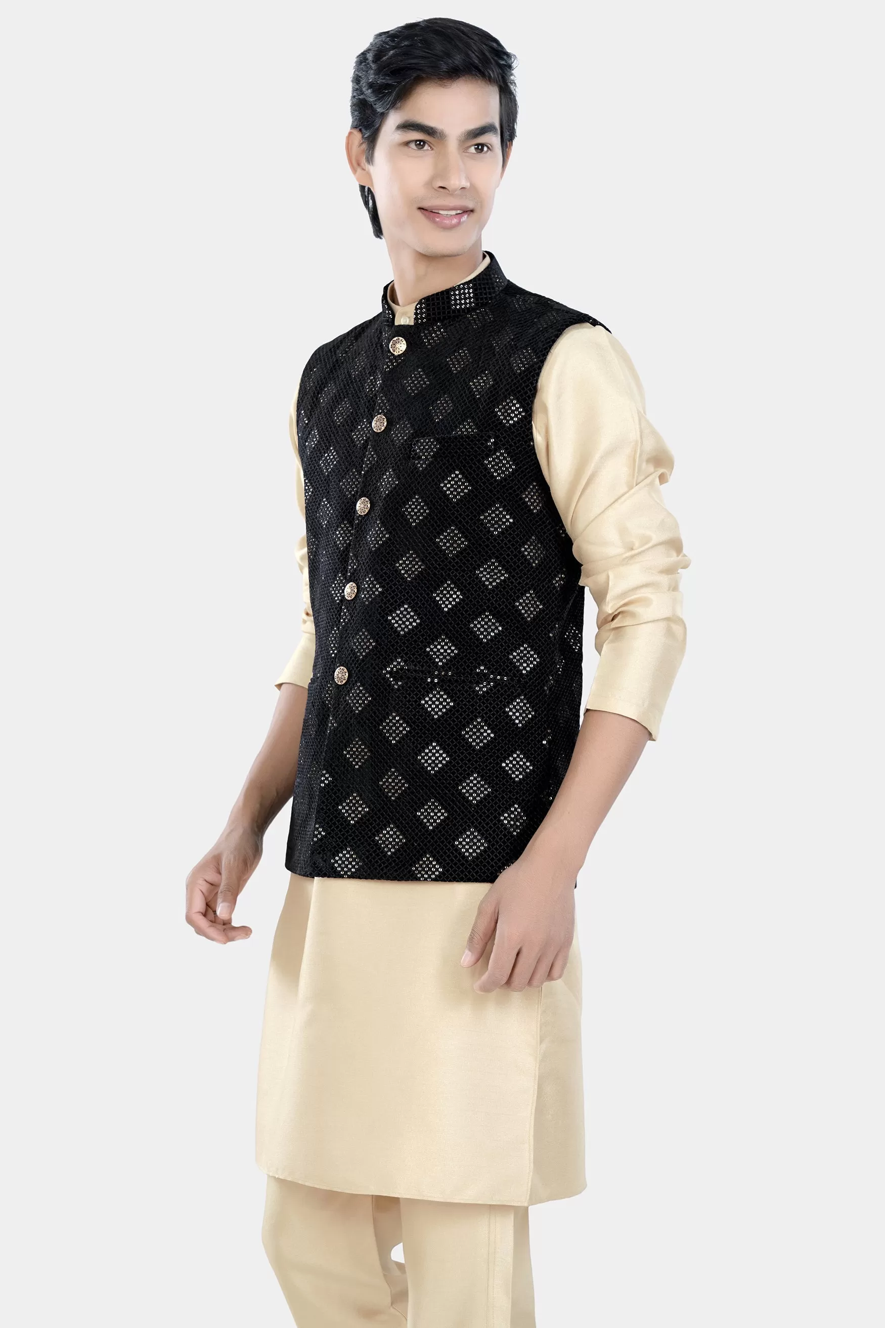 Almond Brown Kurta Set with Jade Black Geometric Sequin and Thread Embroidered Designer Nehru Jacket