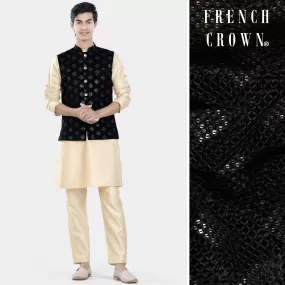 Almond Brown Kurta Set with Jade Black Geometric Sequin and Thread Embroidered Designer Nehru Jacket