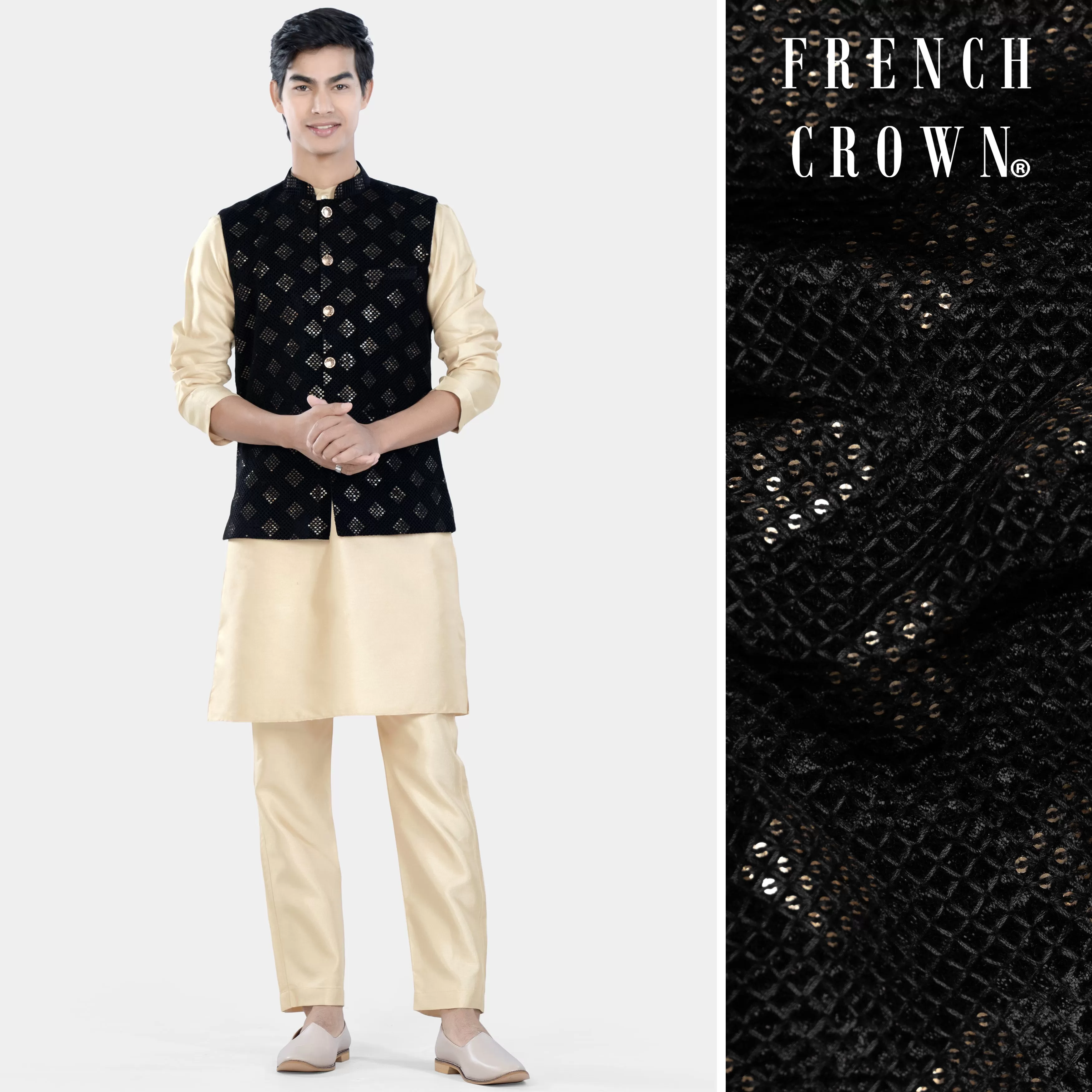 Almond Brown Kurta Set with Jade Black Geometric Sequin and Thread Embroidered Designer Nehru Jacket