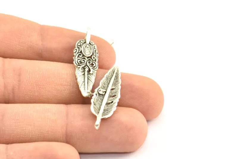 Antique Silver Feather Pendant , 2 Antique Silver Plated Feather Charms, Necklace Findings (32x10mm) S566