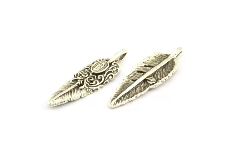 Antique Silver Feather Pendant , 2 Antique Silver Plated Feather Charms, Necklace Findings (32x10mm) S566