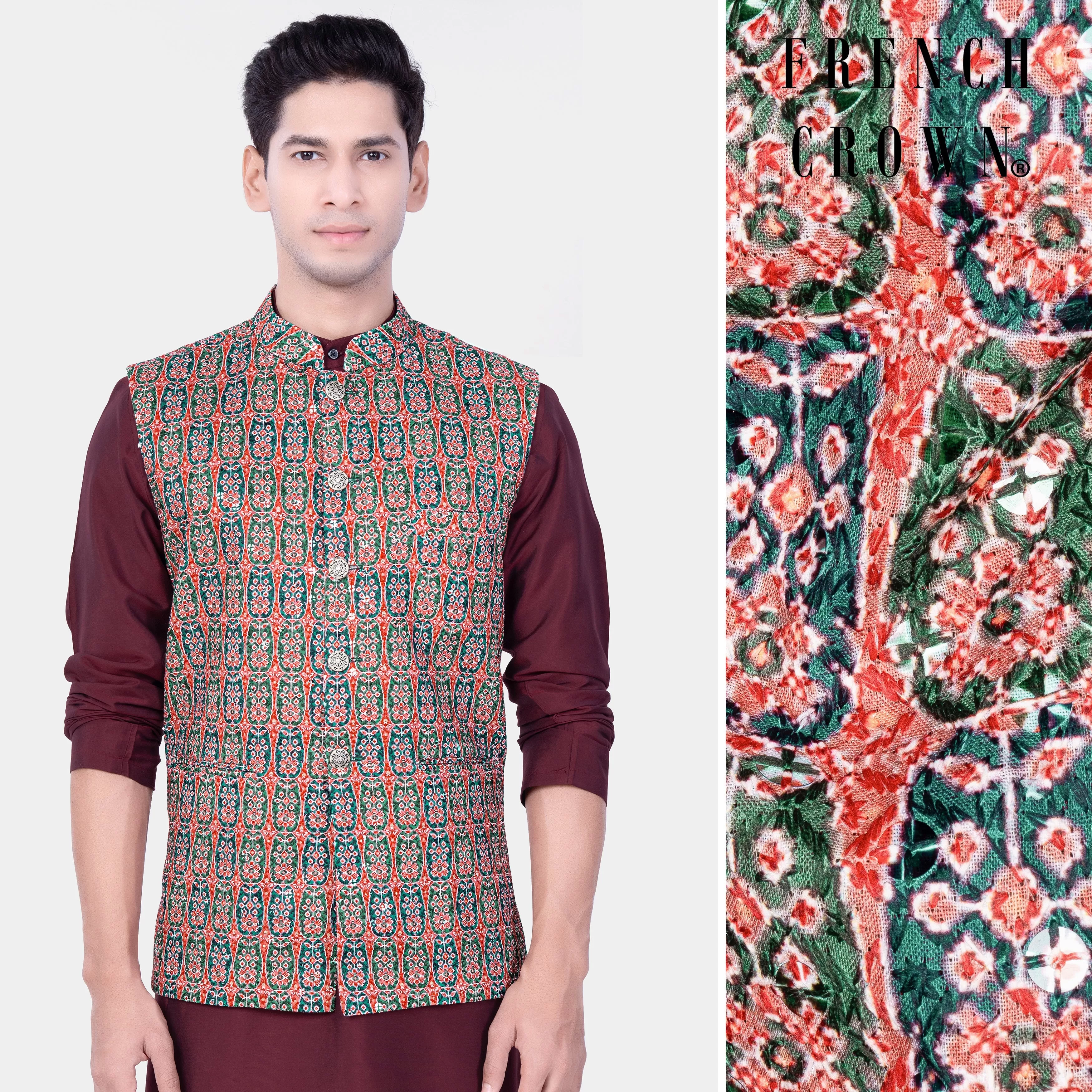 Apricot Red And Genoa Green Designer Thread Embroidered Nehru Jacket