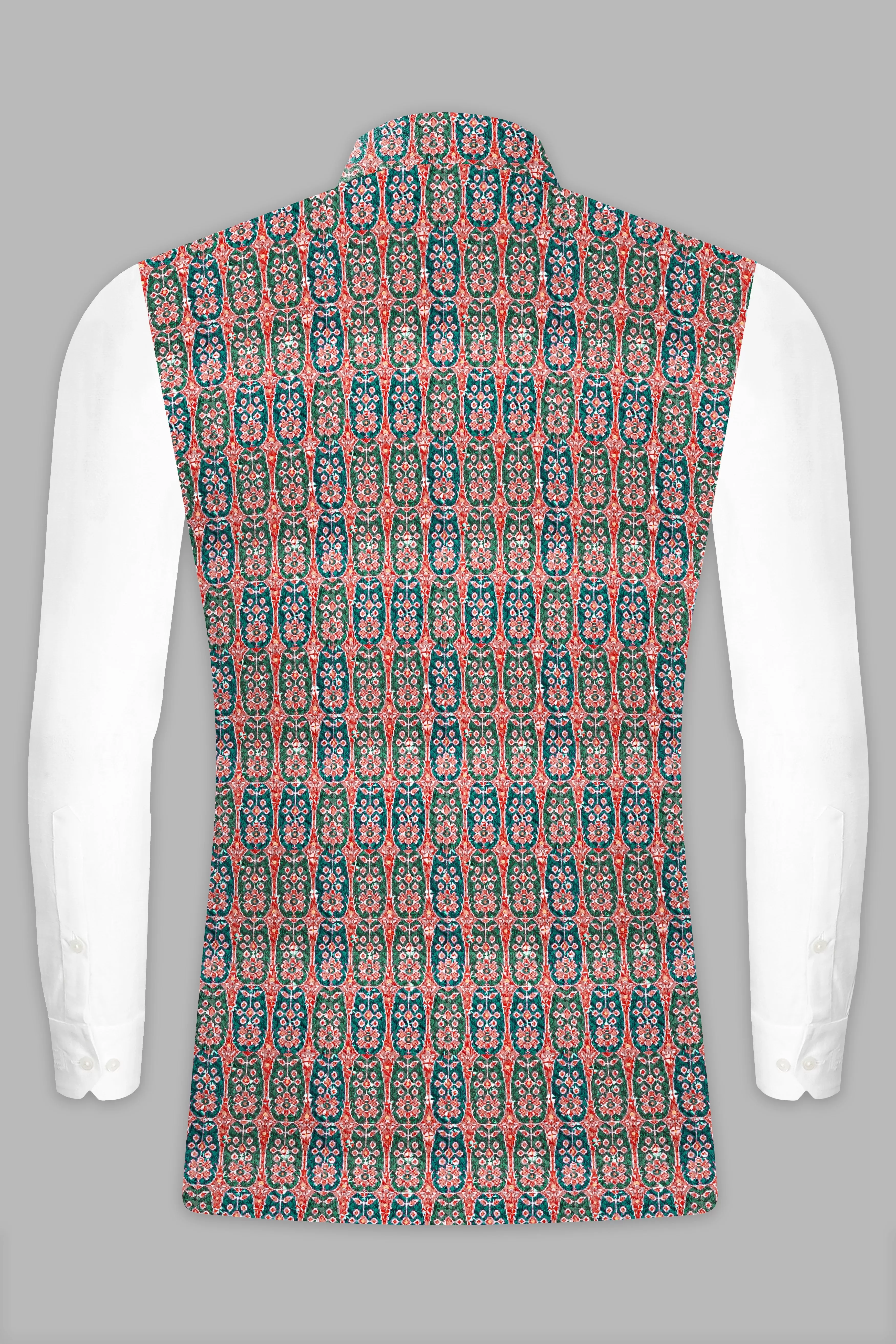 Apricot Red And Genoa Green Designer Thread Embroidered Nehru Jacket