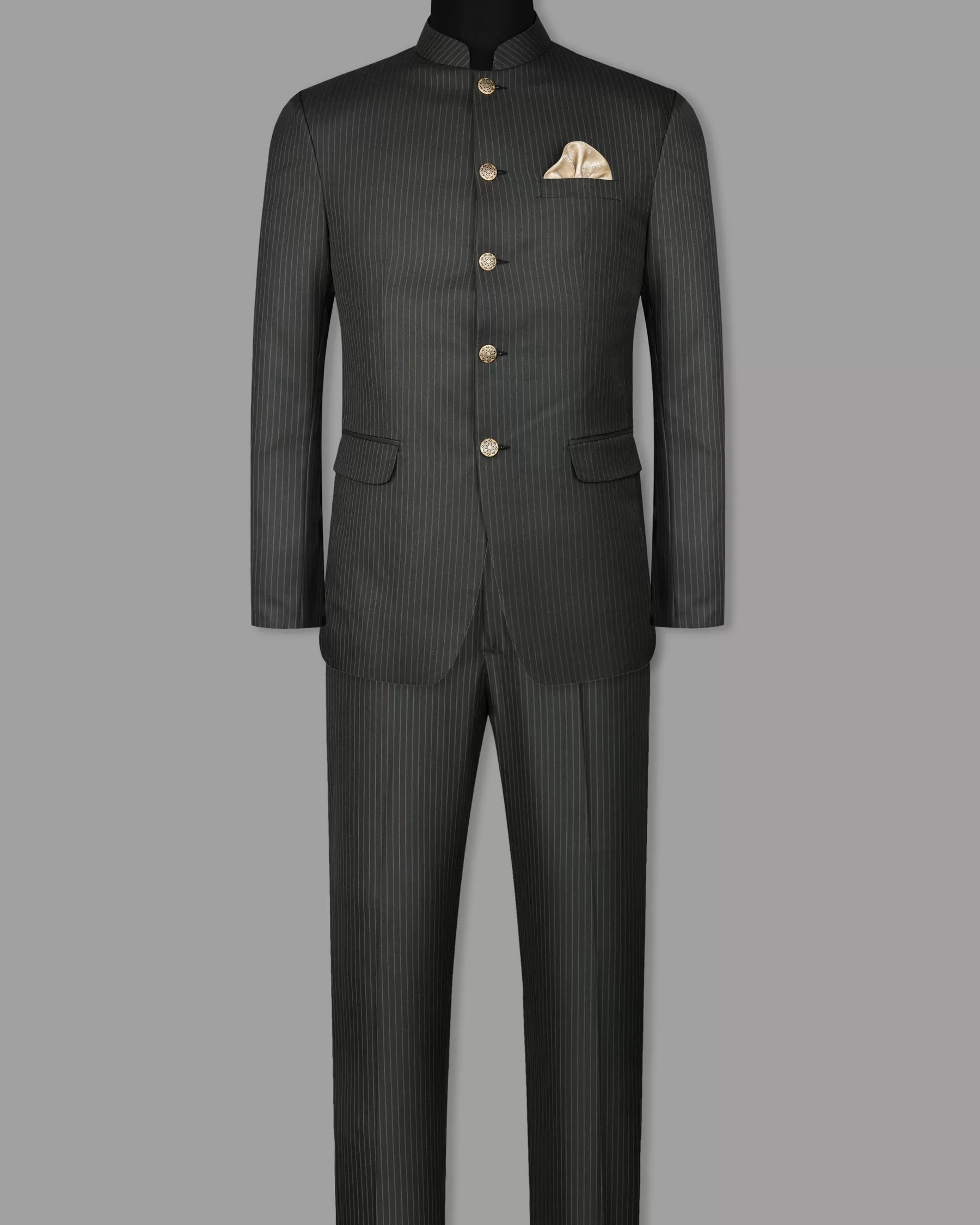 Armadillo Gray Striped Bandhgala/Mandarin Suit