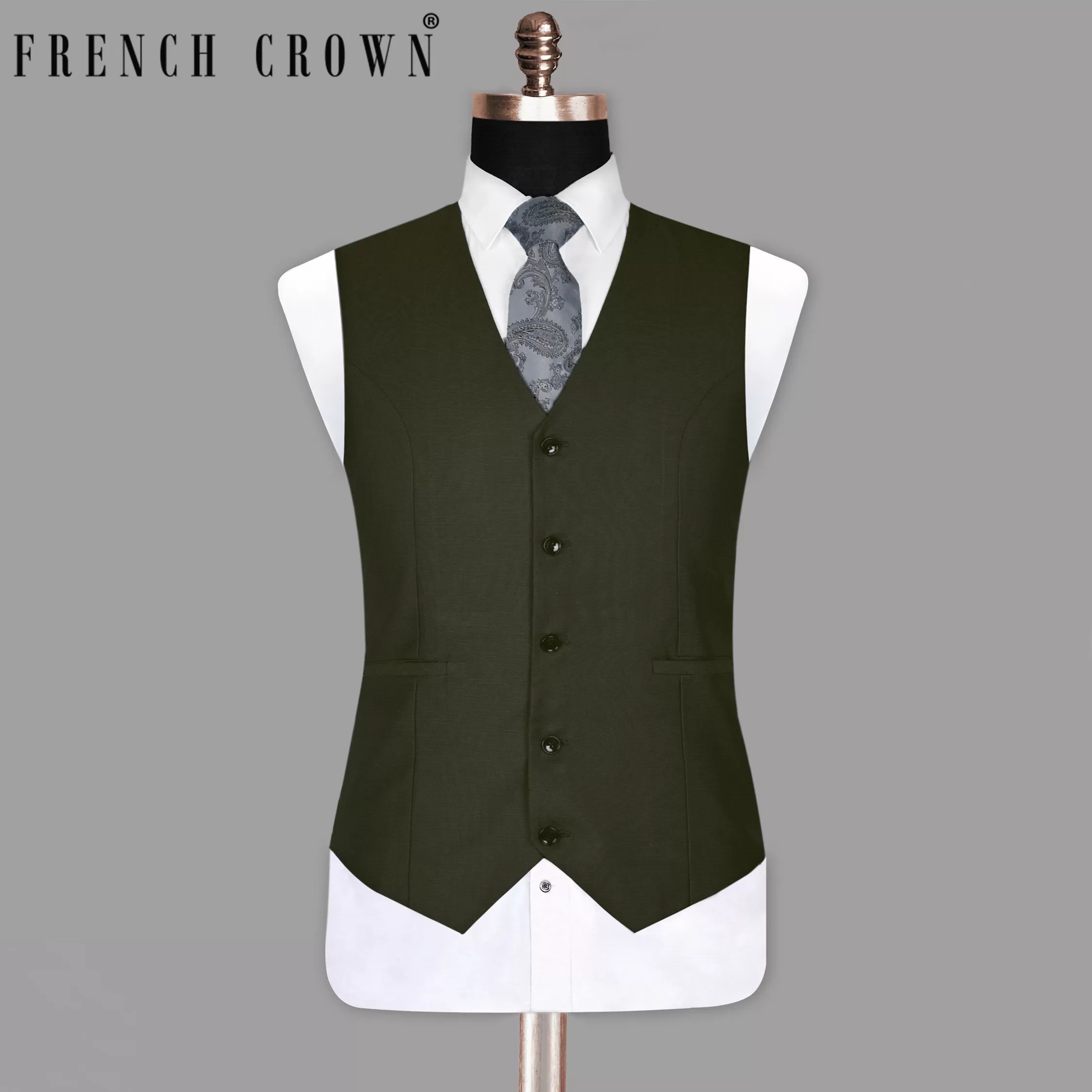 Army Green Micro Dotted Wool Blend Waistcoat