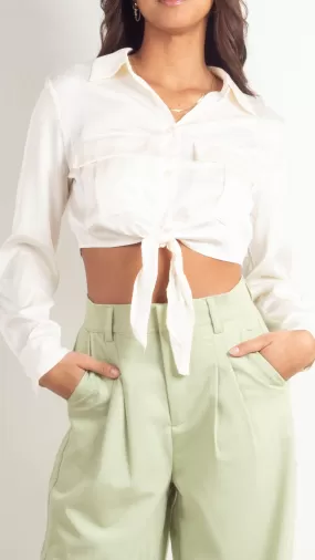 Avery Tie Front Cropped Button Down - Ivory