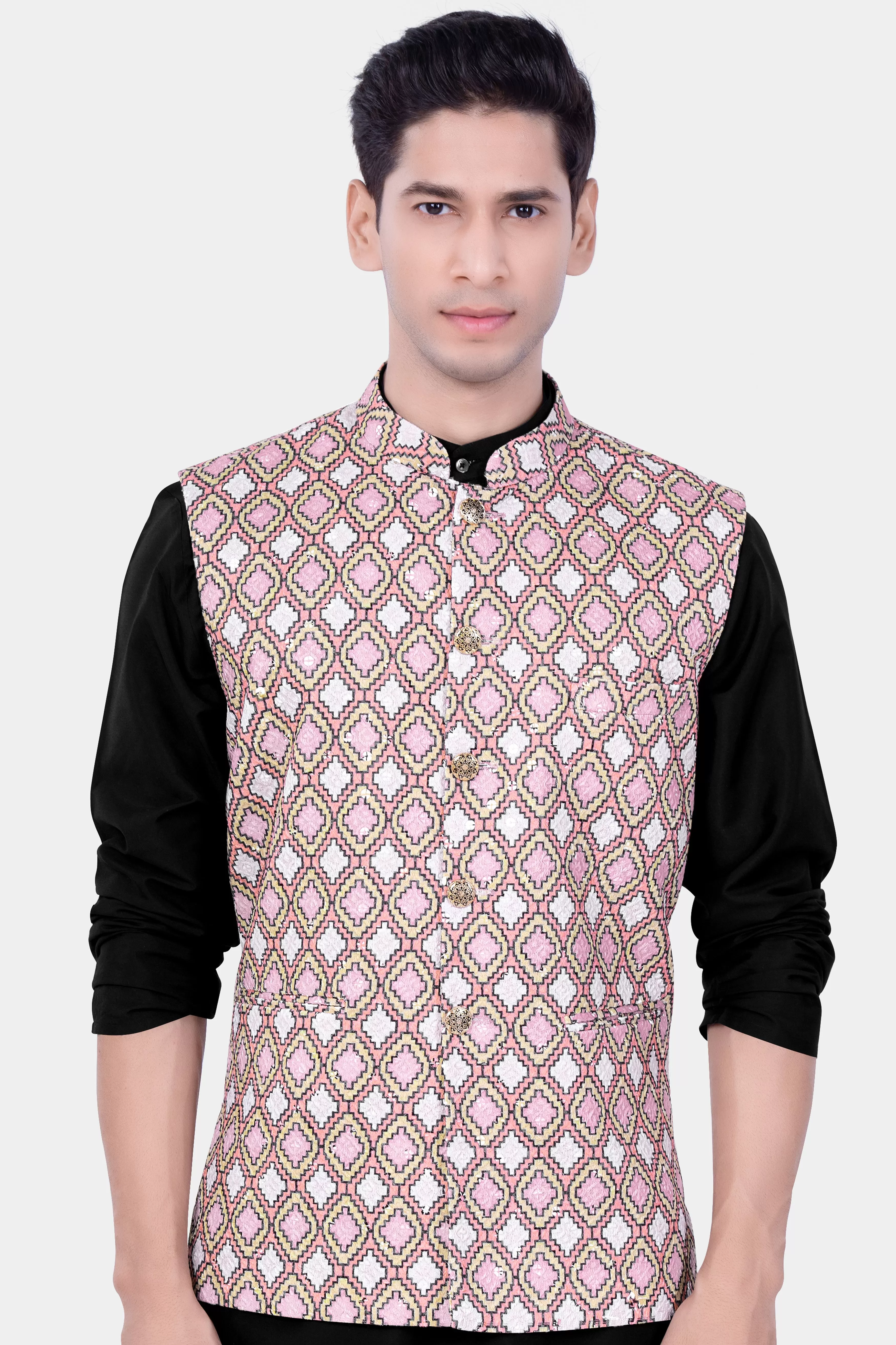 Azalea Pink And Astra Yellow MultiColour Designer Embroidered Nehru Jacket