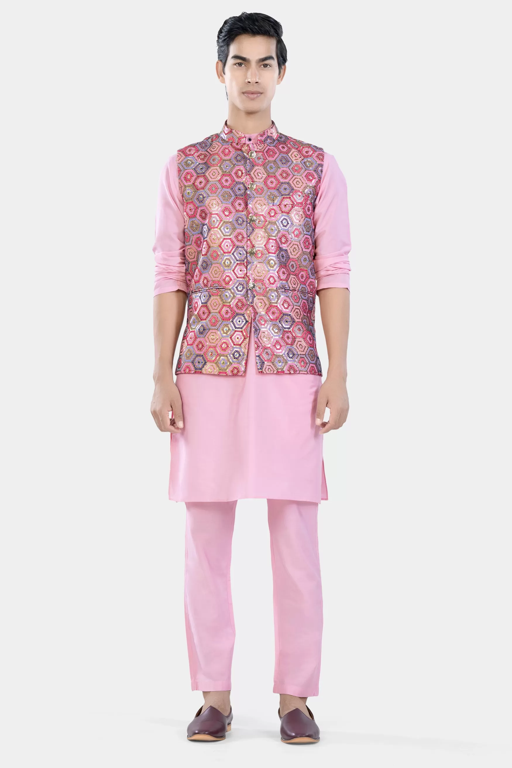 Azalea Pink Kurta Set with Radical Pink and Rhino Blue Multicolour Honeycomb Sequin and Thread Embroidered Designer Nehru Jacket