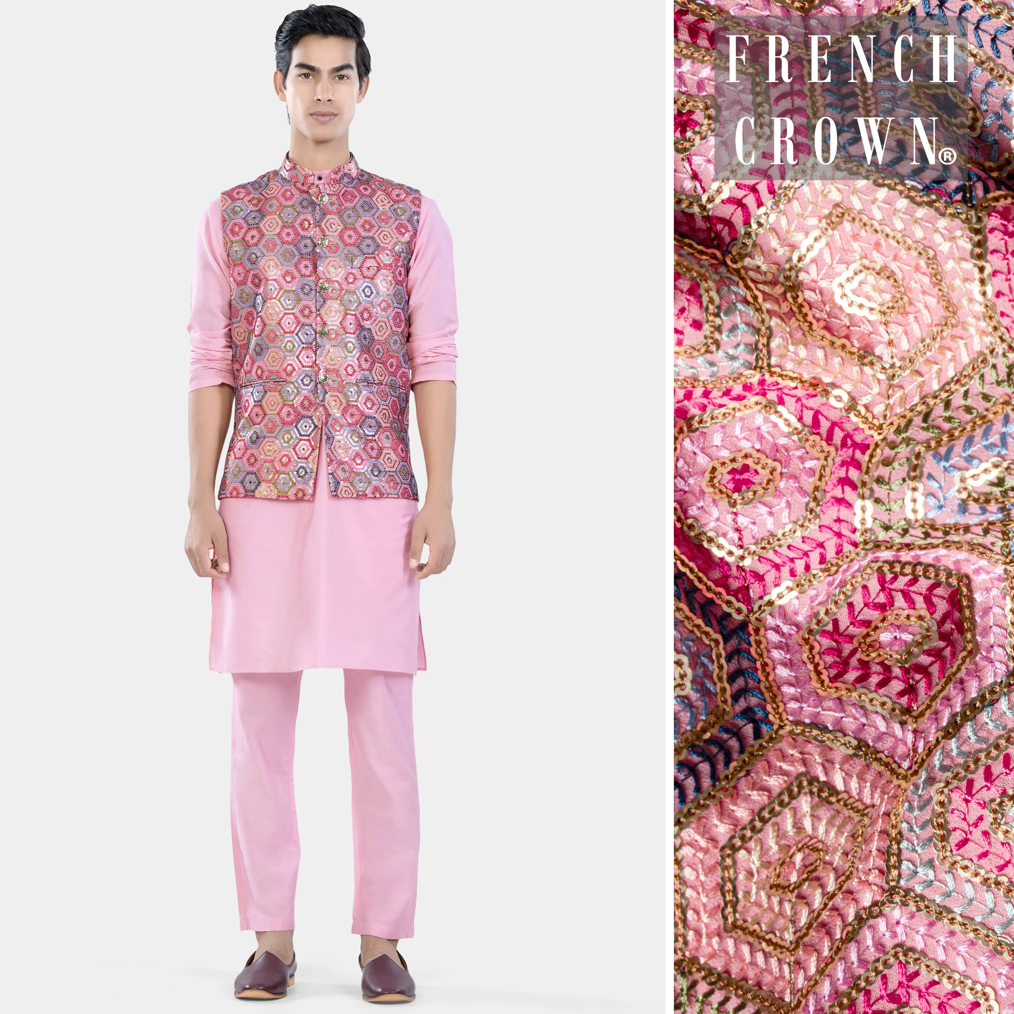 Azalea Pink Kurta Set with Radical Pink and Rhino Blue Multicolour Honeycomb Sequin and Thread Embroidered Designer Nehru Jacket