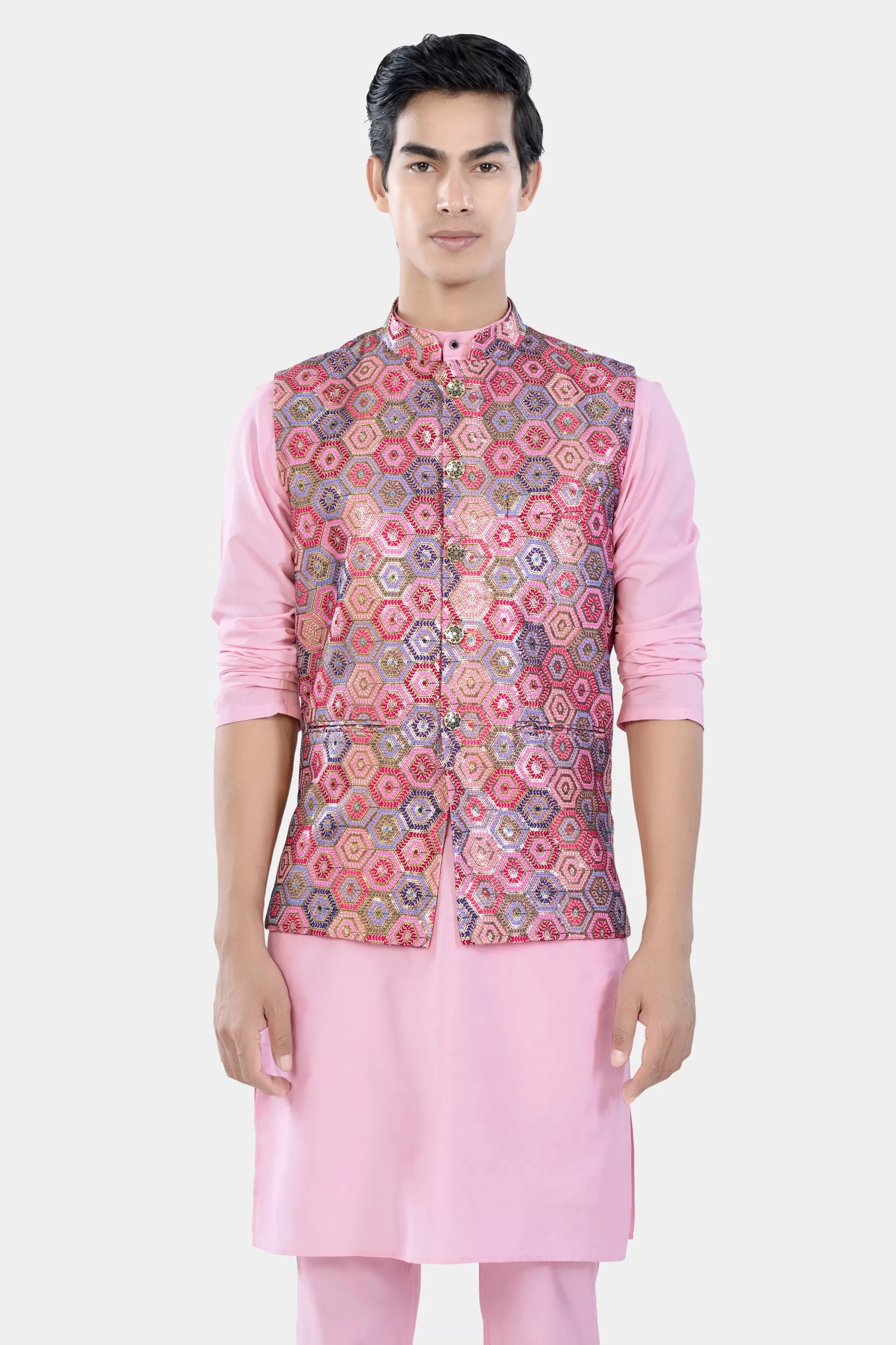 Azalea Pink Kurta Set with Radical Pink and Rhino Blue Multicolour Honeycomb Sequin and Thread Embroidered Designer Nehru Jacket