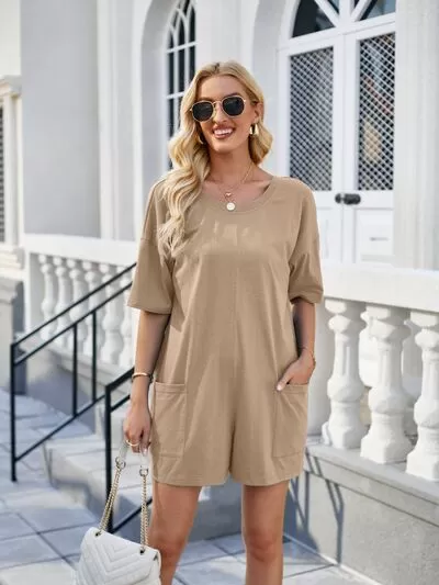 Backless Pocketed Round Neck Half Sleeve Romper