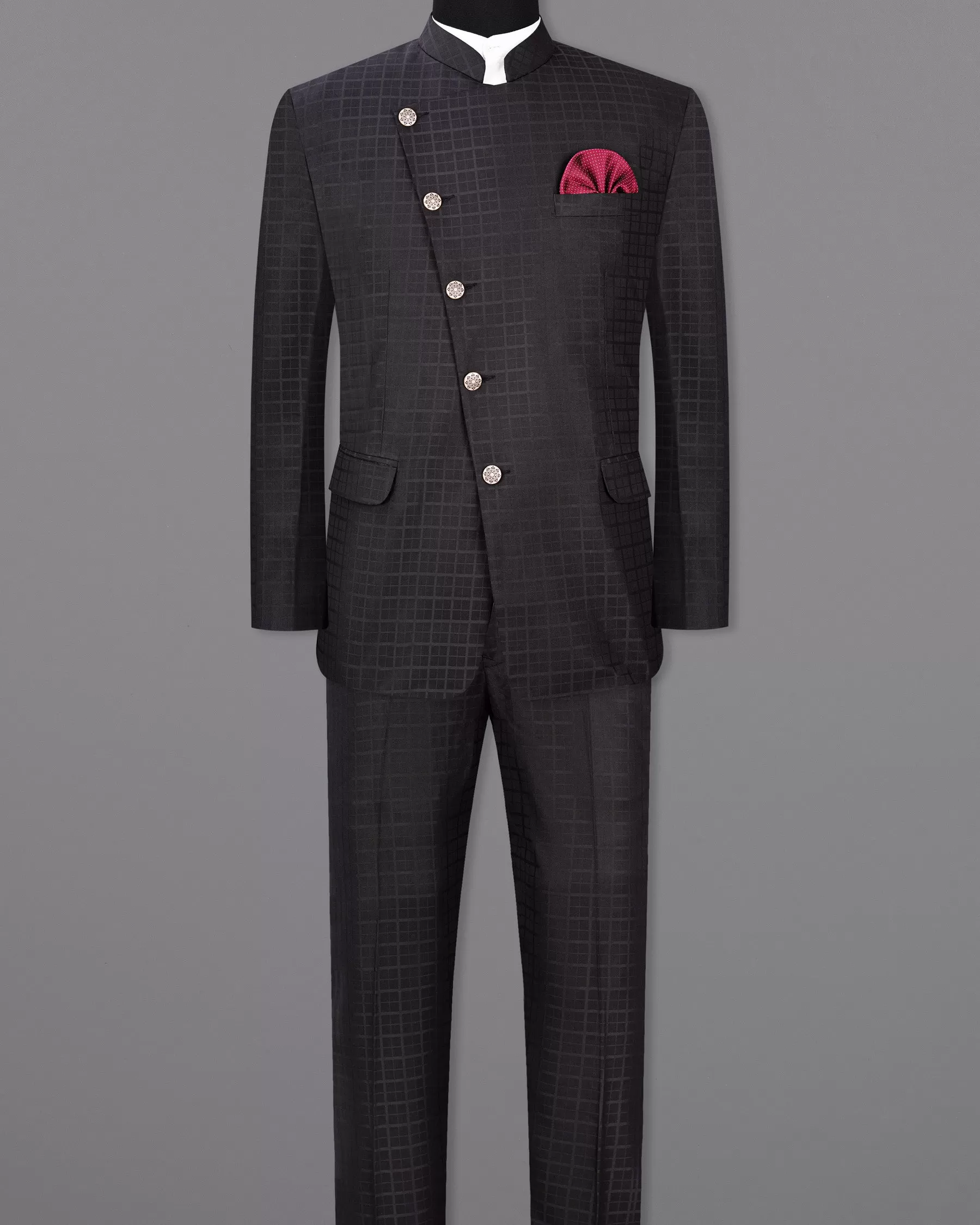 Baltic Sea Black Subtle Plaid Cross Placket Bandhgala Suit