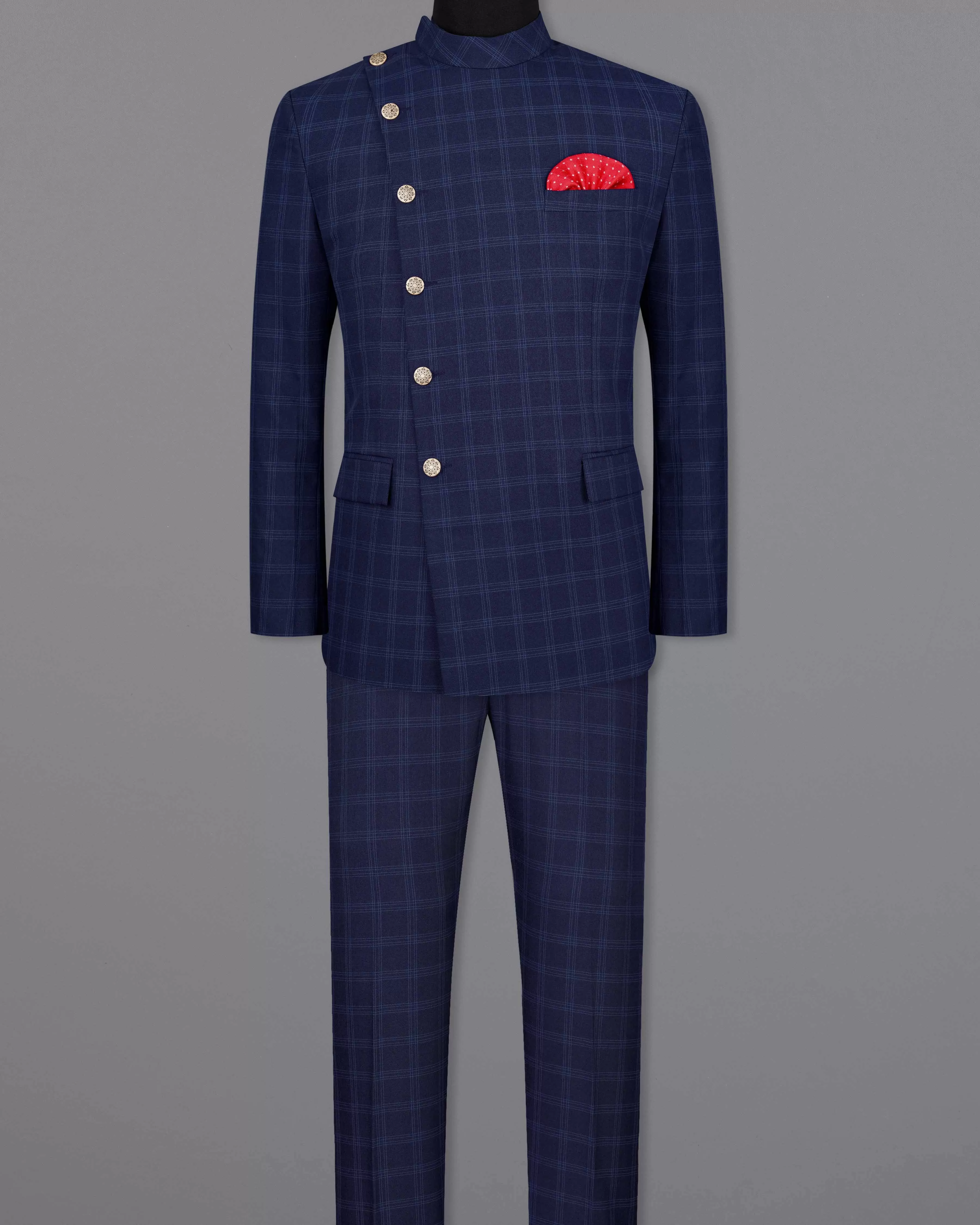 Baltic Sea Blue Windowpane Cross Placket Bandhgala Suit