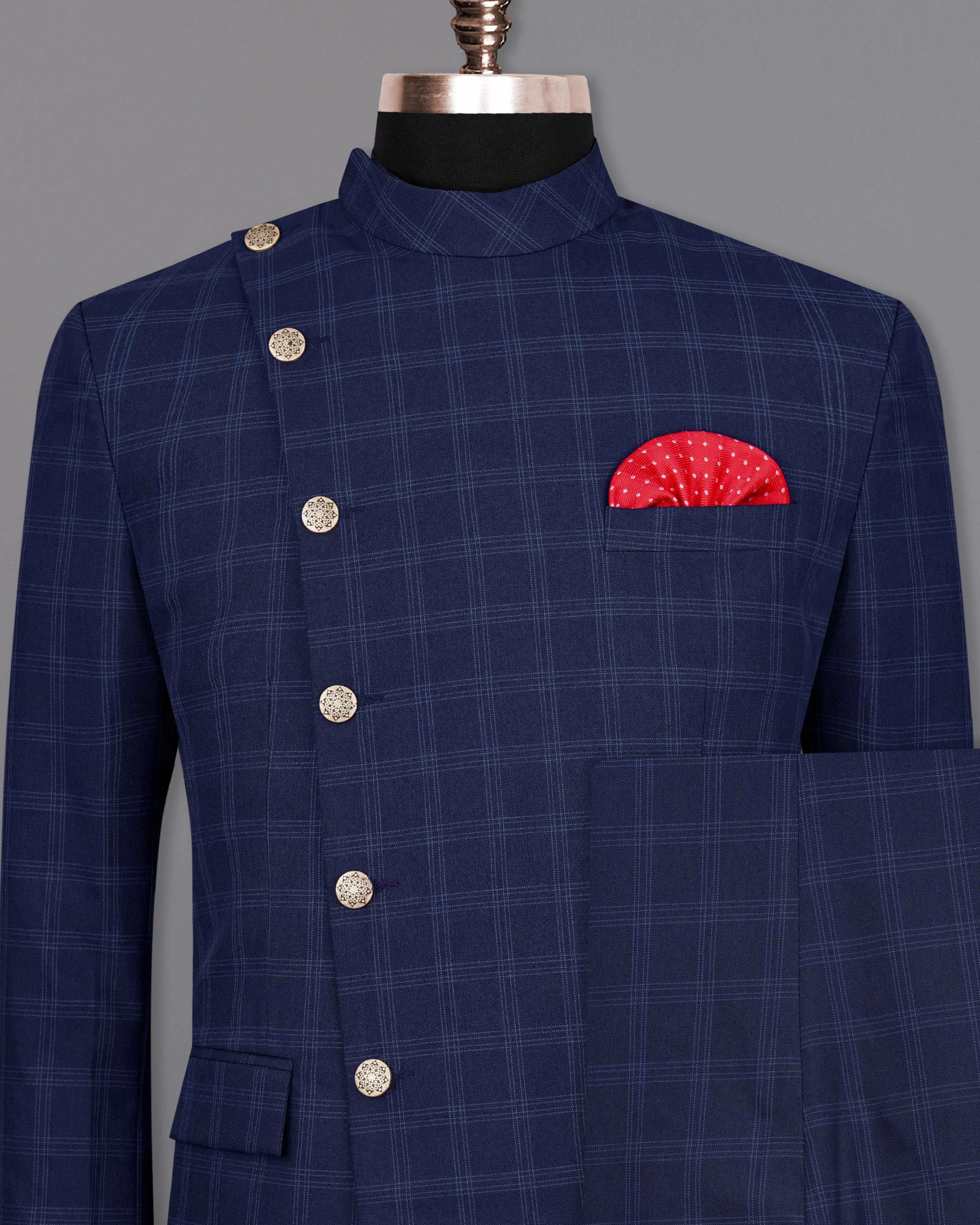 Baltic Sea Blue Windowpane Cross Placket Bandhgala Suit