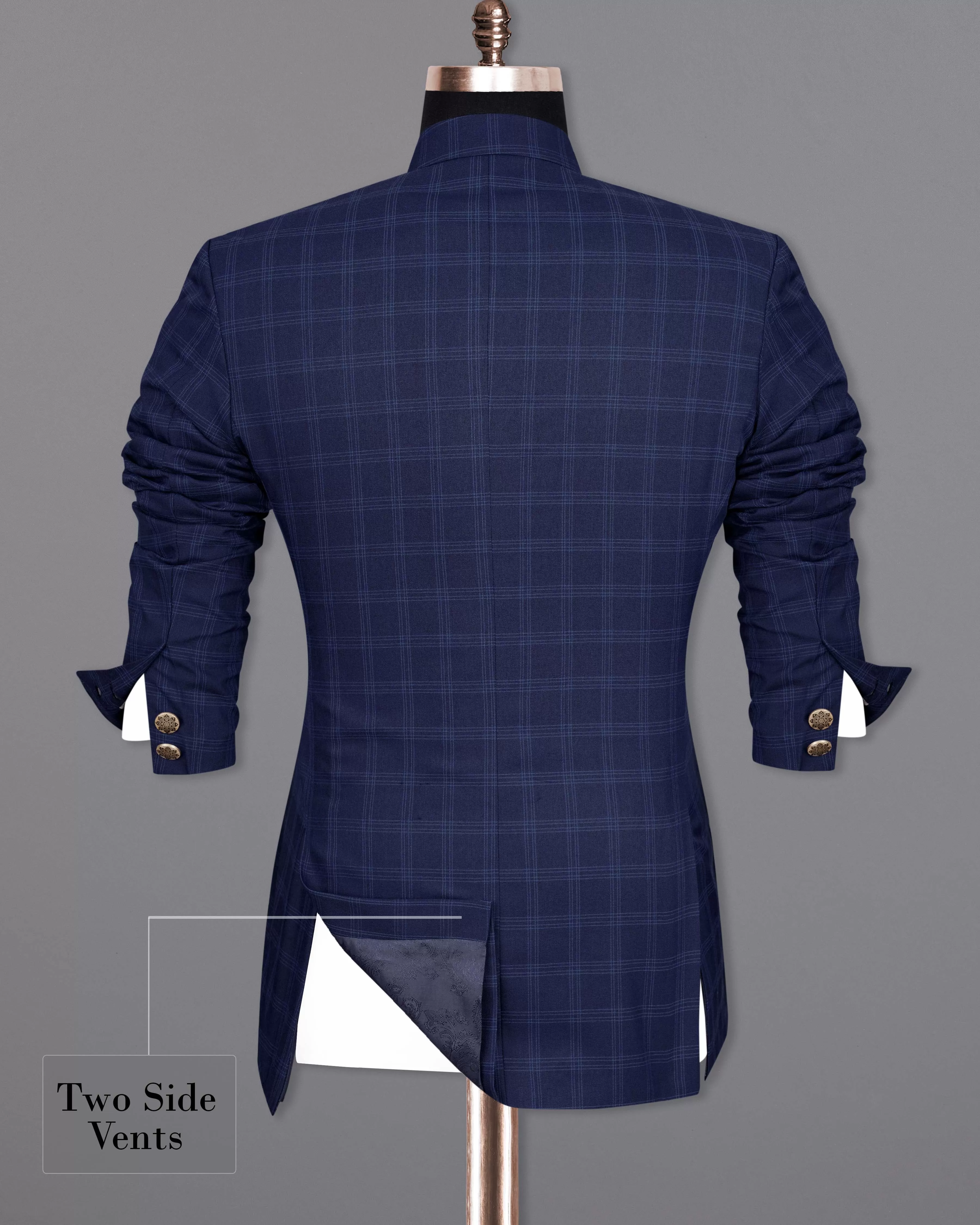 Baltic Sea Blue Windowpane Cross Placket Bandhgala Suit