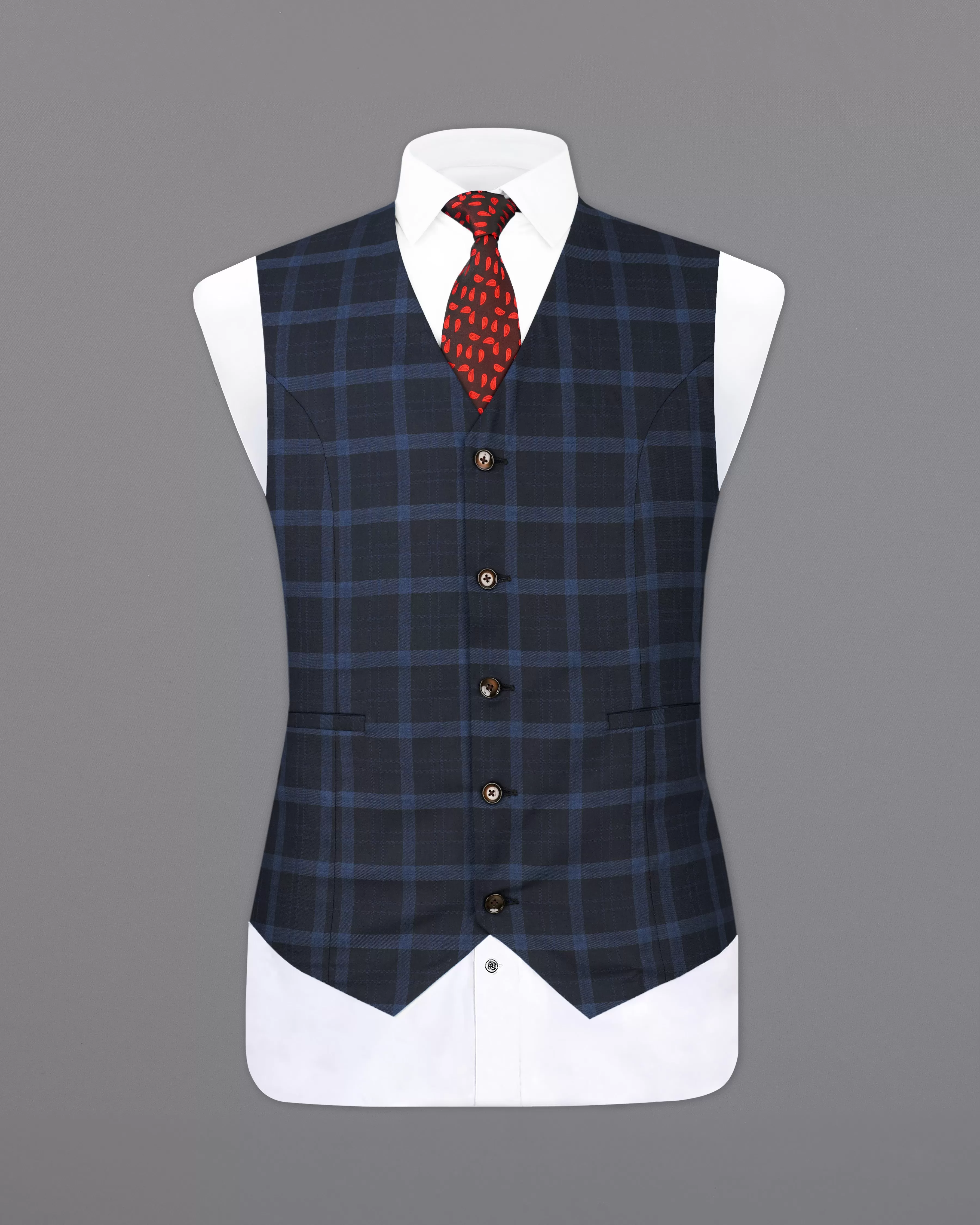 Baltic Sea Navy Blue Windowpane  Waistcoat