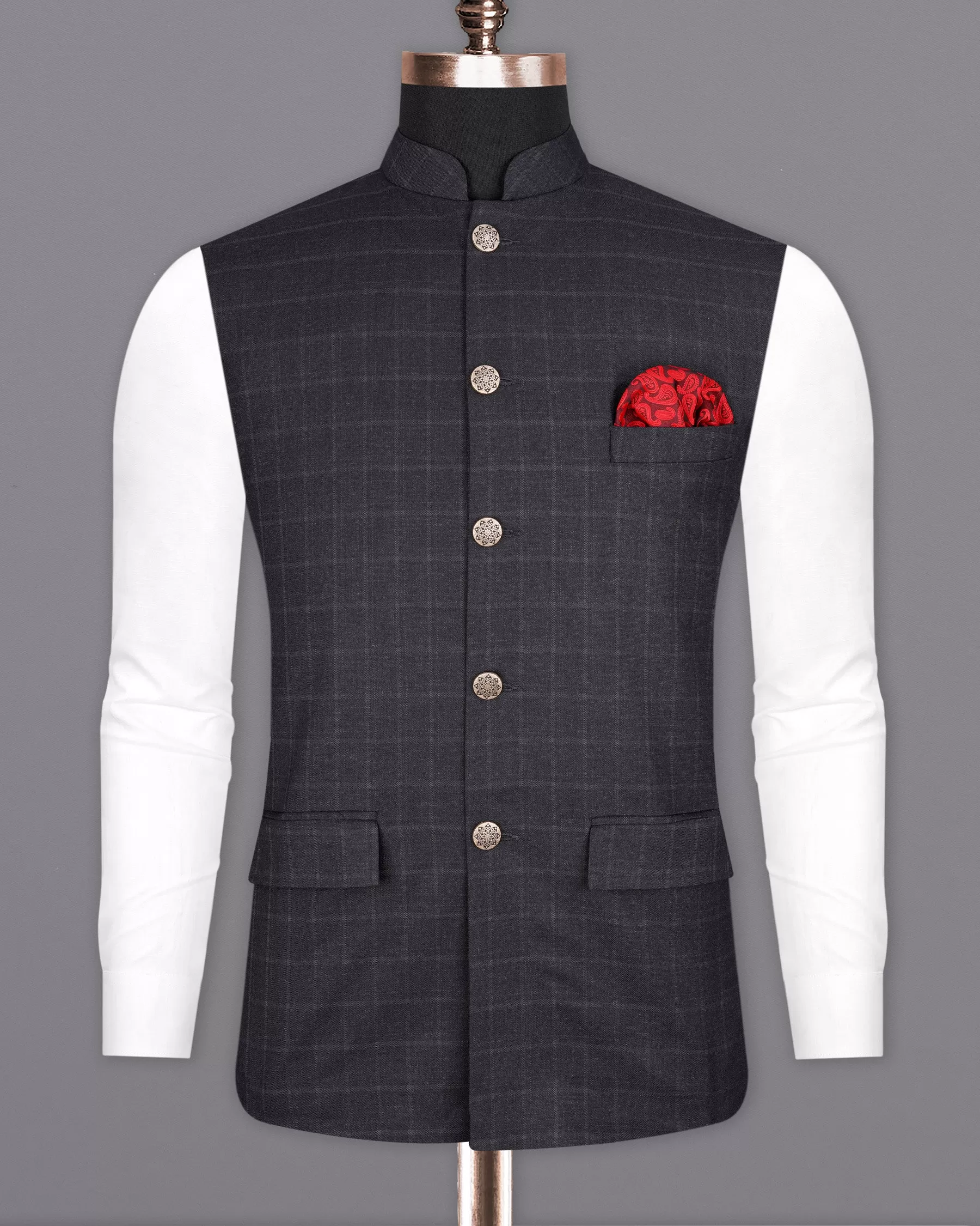 Bastille Light Black Windowpane Bandhgala Nehru Jacket