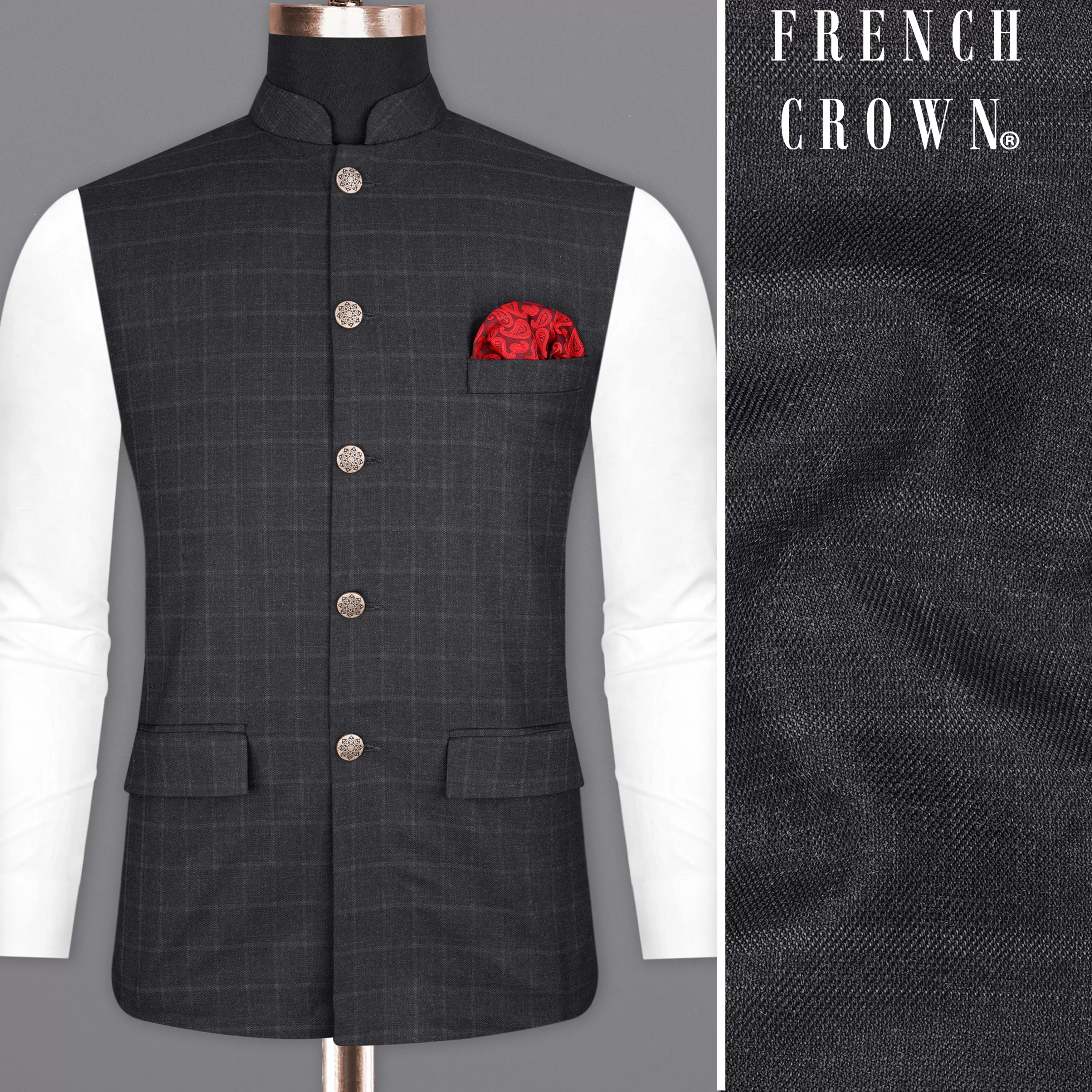 Bastille Light Black Windowpane Bandhgala Nehru Jacket