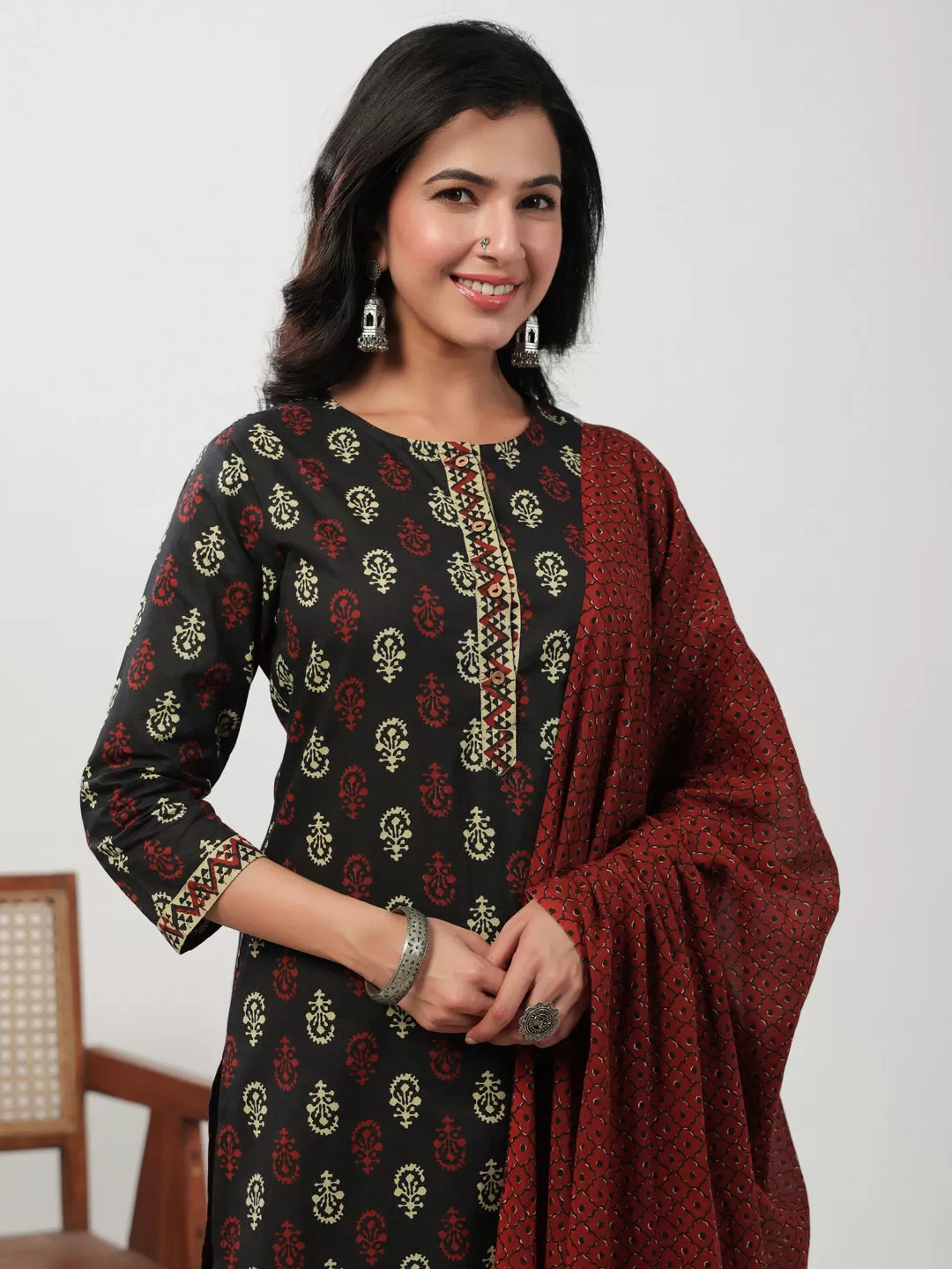 Black Cotton Ethnic Motifs Kurta Set