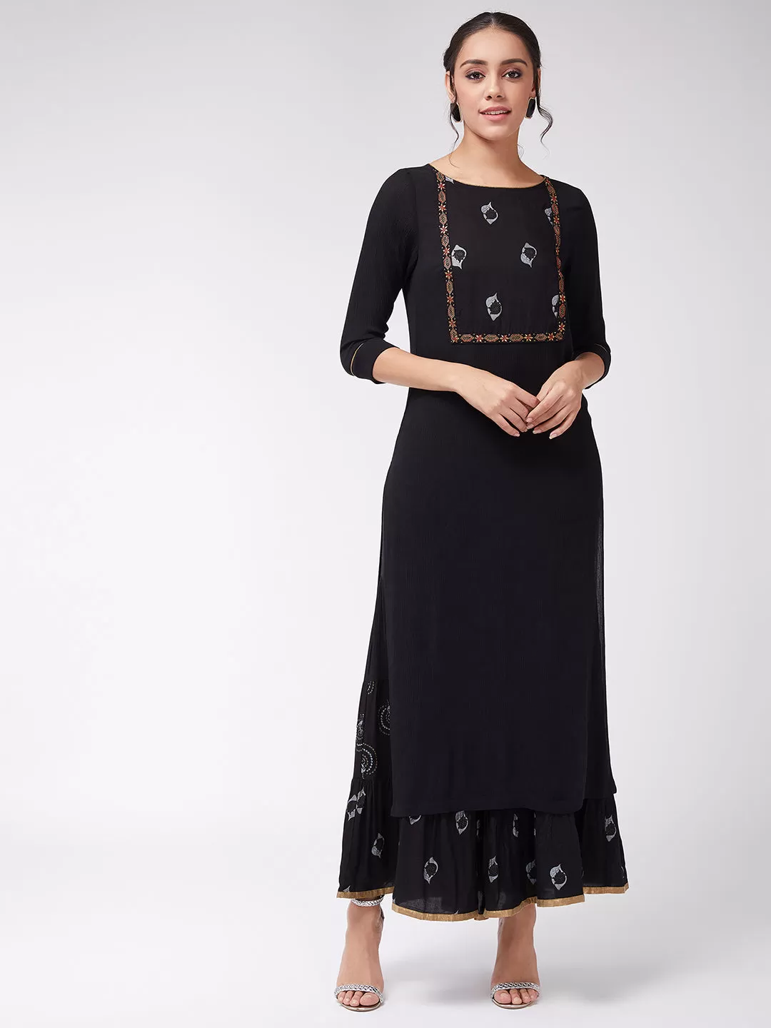 Black Foil Printed Straight Fit Kurta