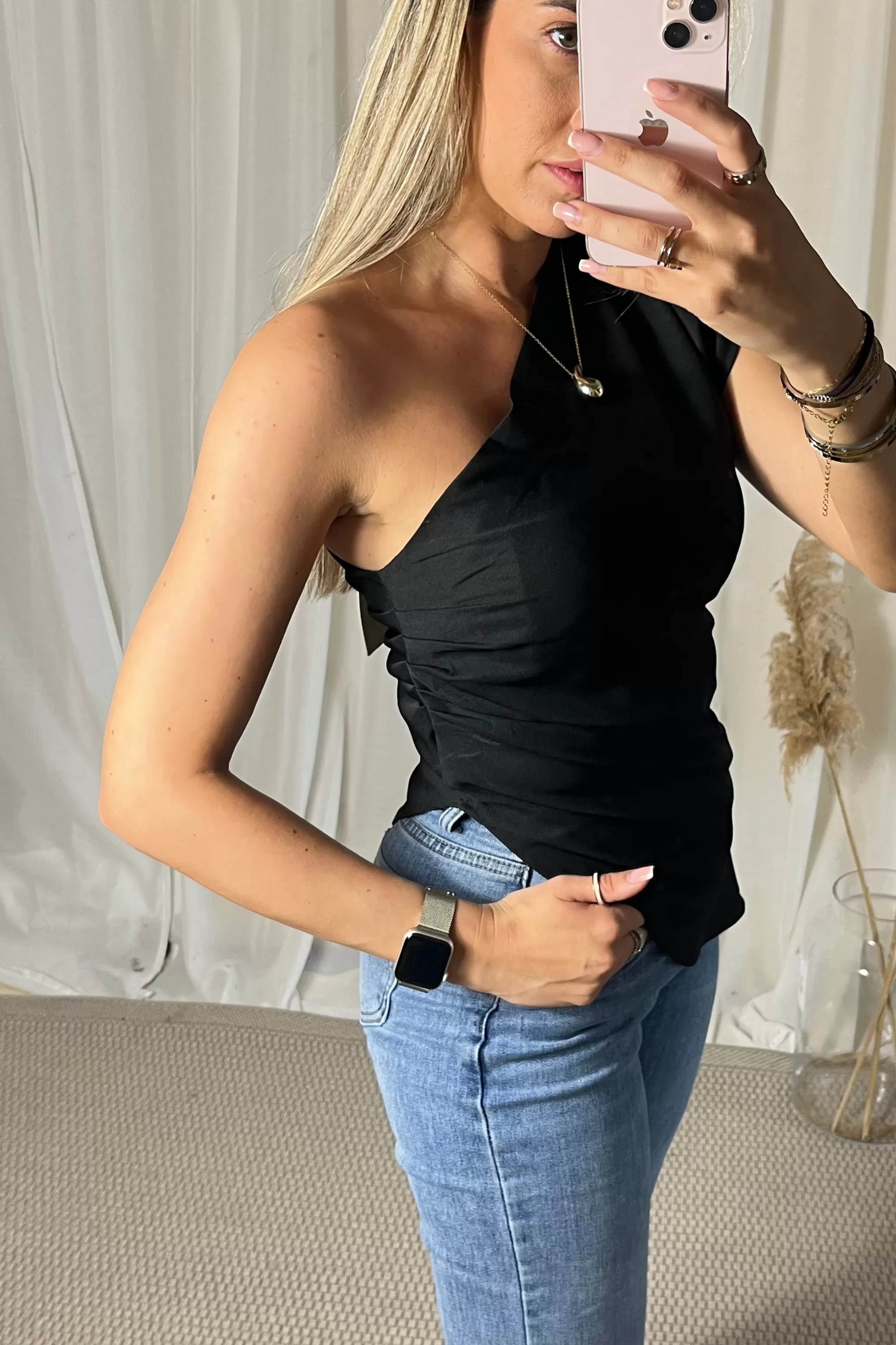 Black one shoulder asymmetric top