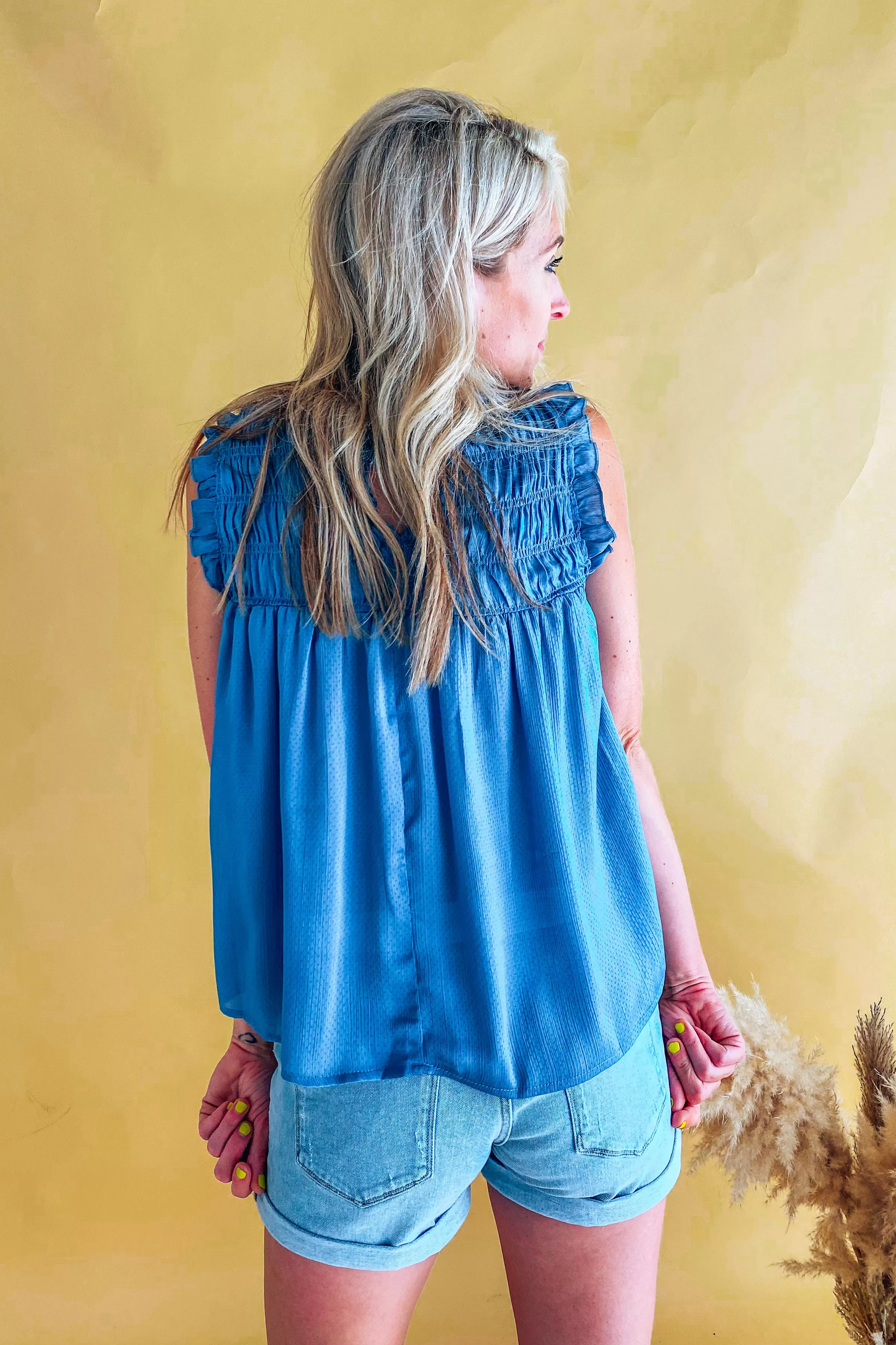 Blair Slate Silky Smocked Detail Sleeveless Top