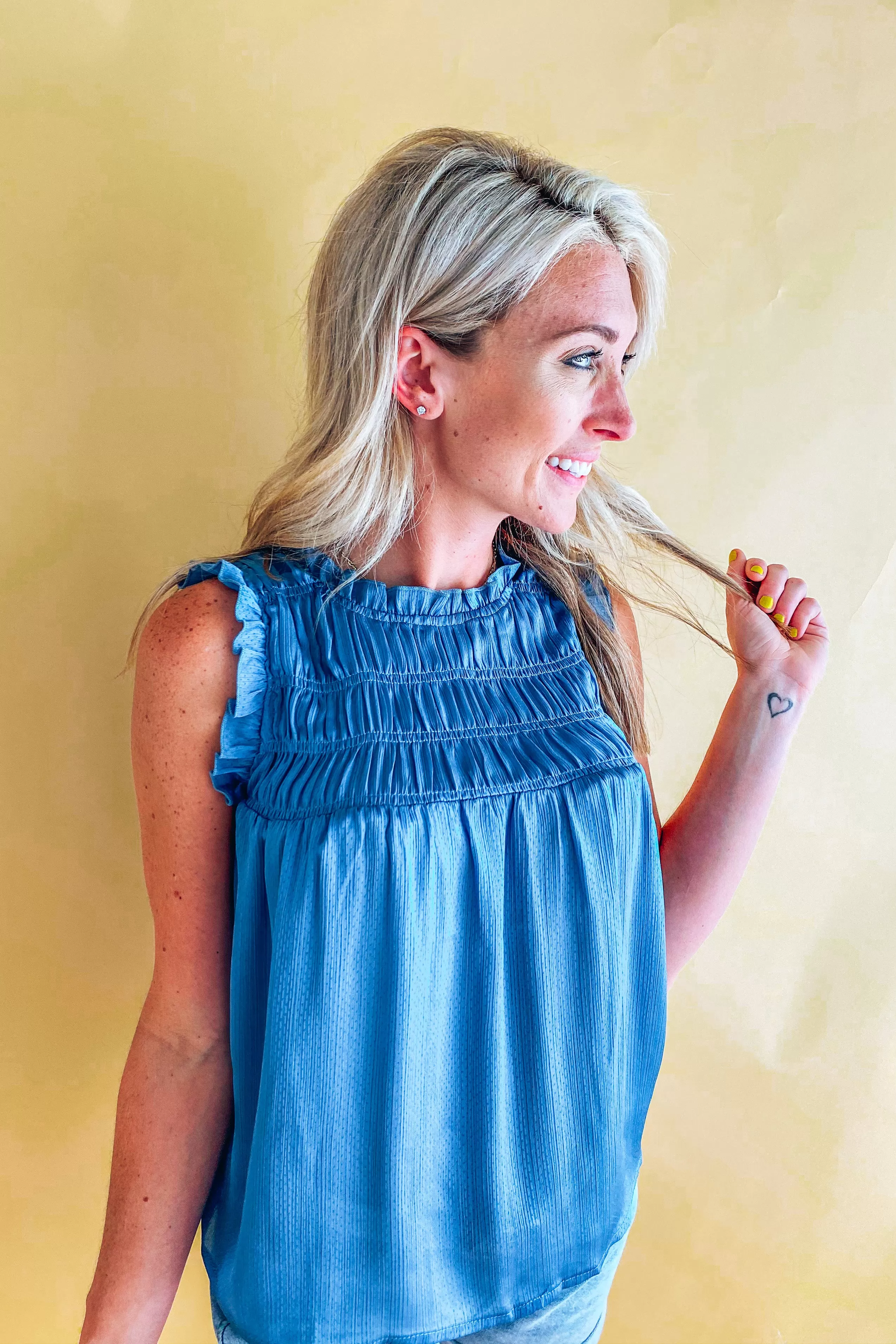 Blair Slate Silky Smocked Detail Sleeveless Top