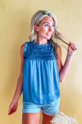 Blair Slate Silky Smocked Detail Sleeveless Top