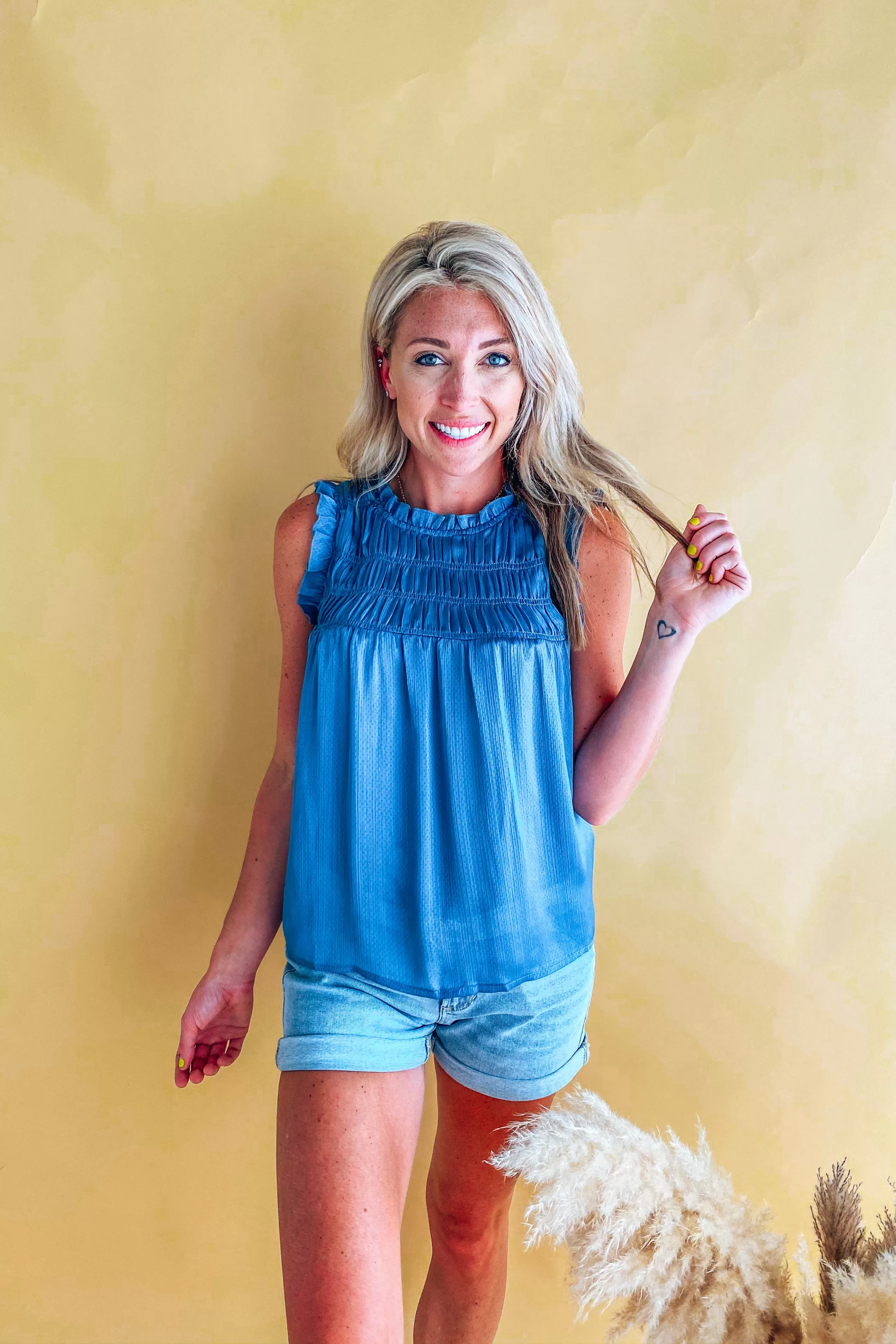 Blair Slate Silky Smocked Detail Sleeveless Top