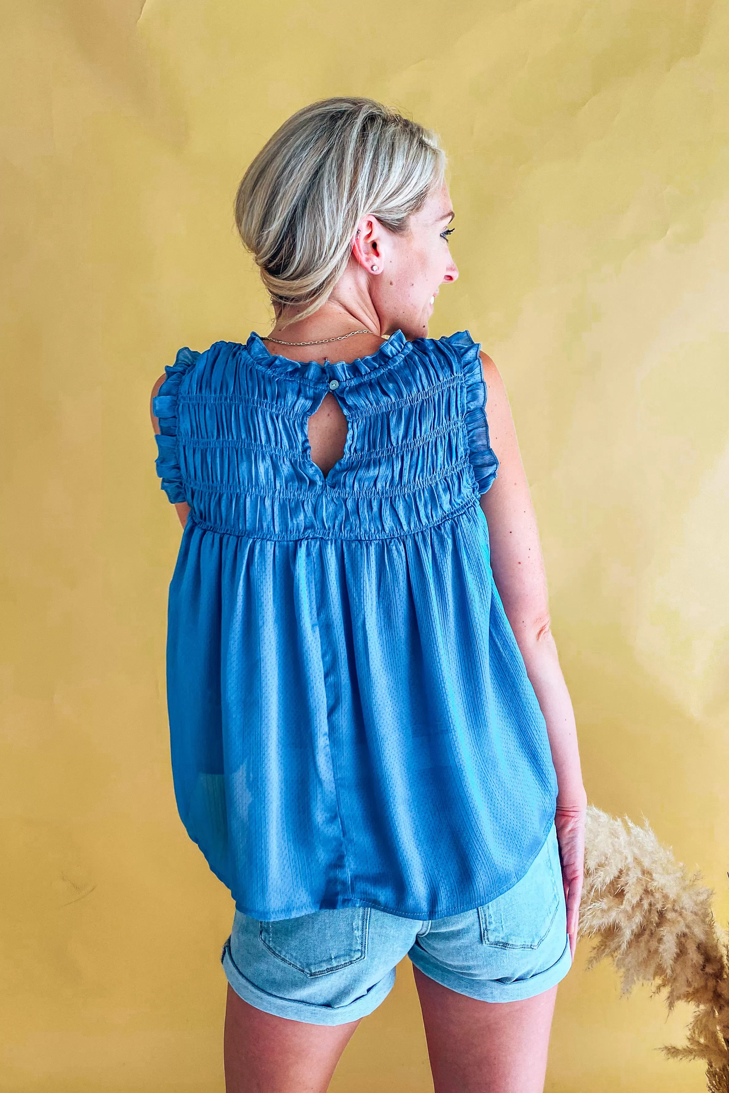 Blair Slate Silky Smocked Detail Sleeveless Top