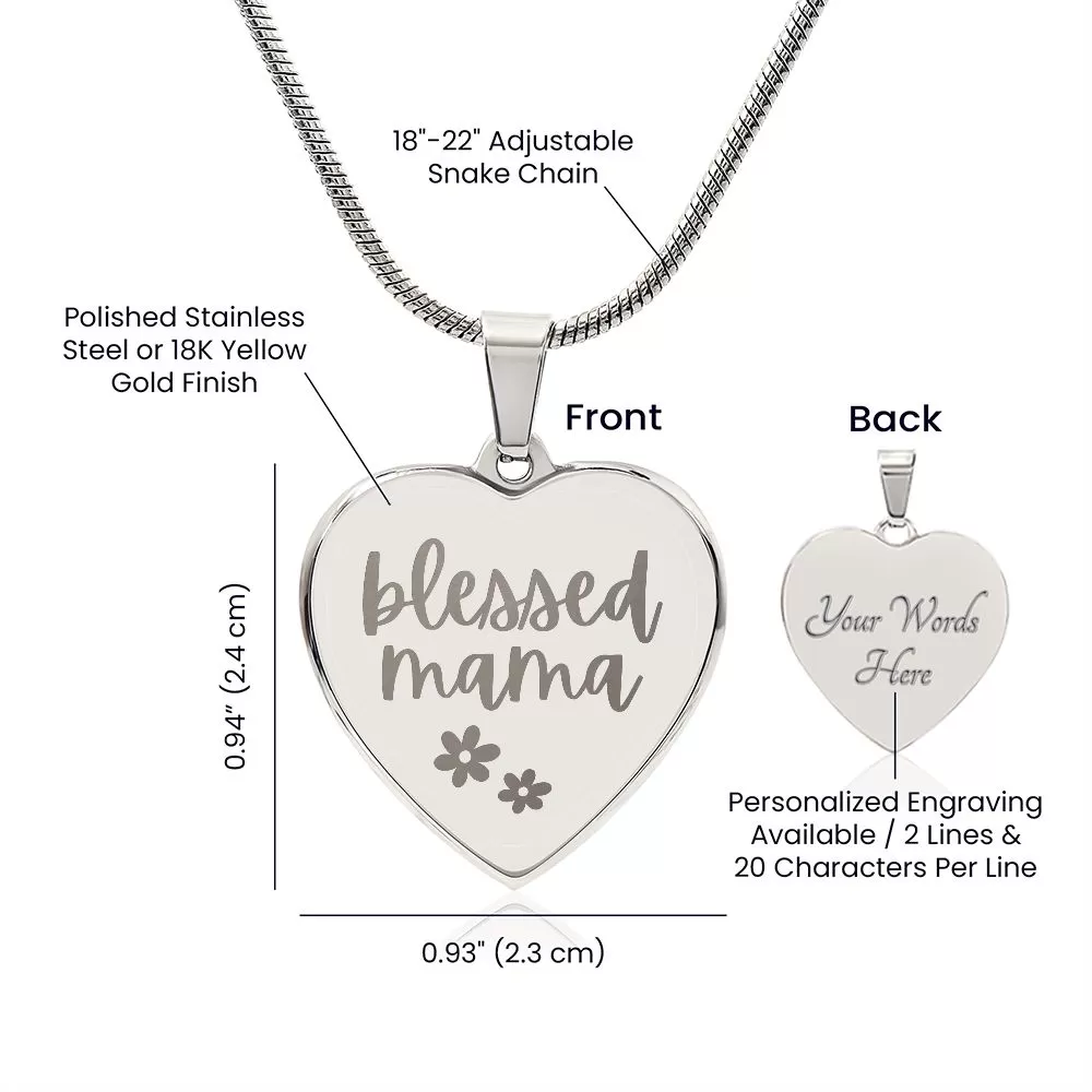 Blessed Mama Custom Engraved Heart Pendant Necklace For Mother's Day