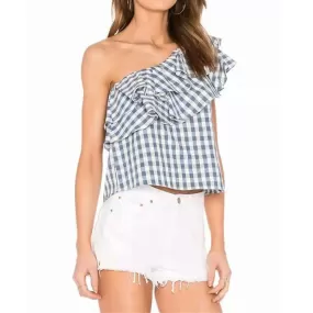 Blue & White Gingham Ruffle Top