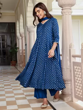 Blue Brocade Woven Design Kurta with Palazzo and Dupatta