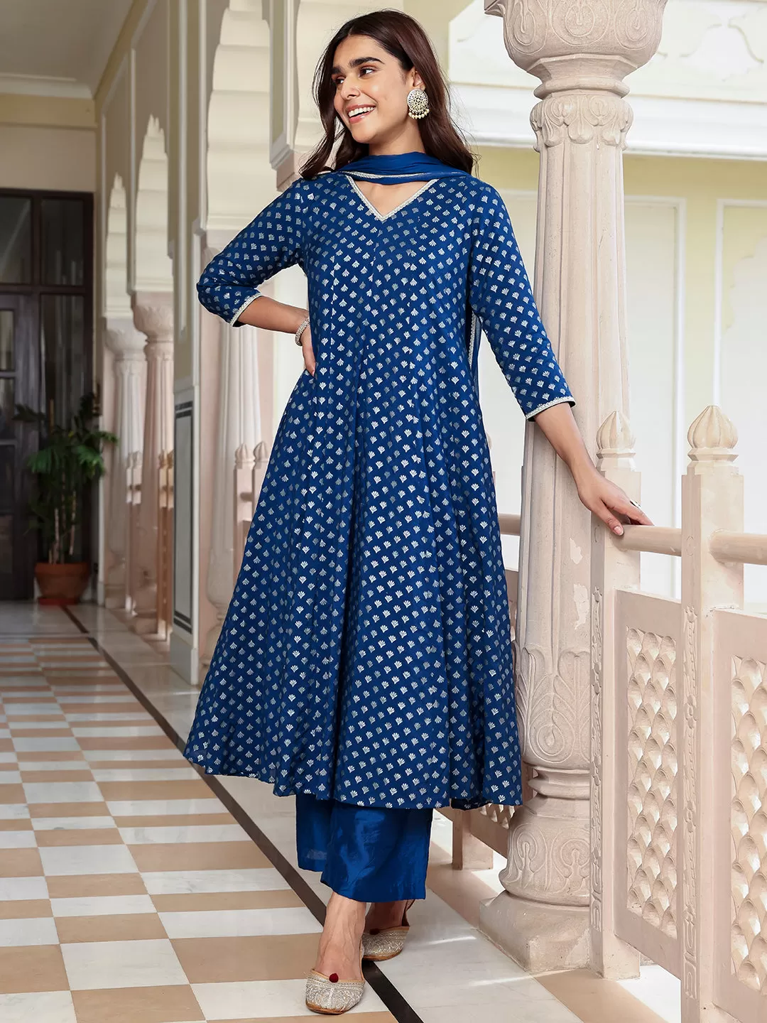 Blue Brocade Woven Design Kurta with Palazzo and Dupatta