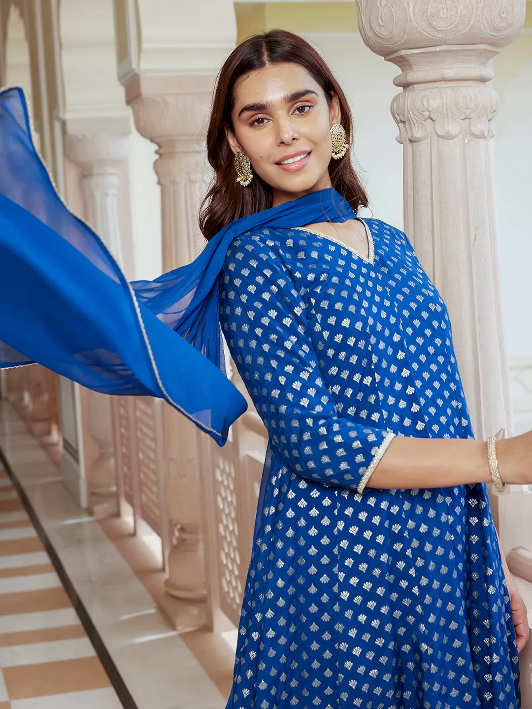 Blue Brocade Woven Design Kurta with Palazzo and Dupatta