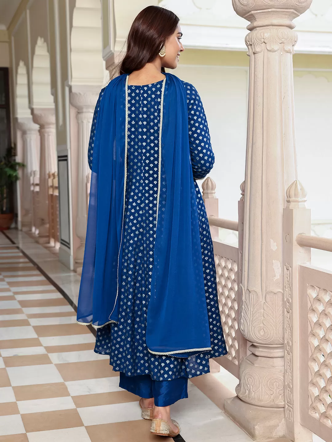 Blue Brocade Woven Design Kurta with Palazzo and Dupatta