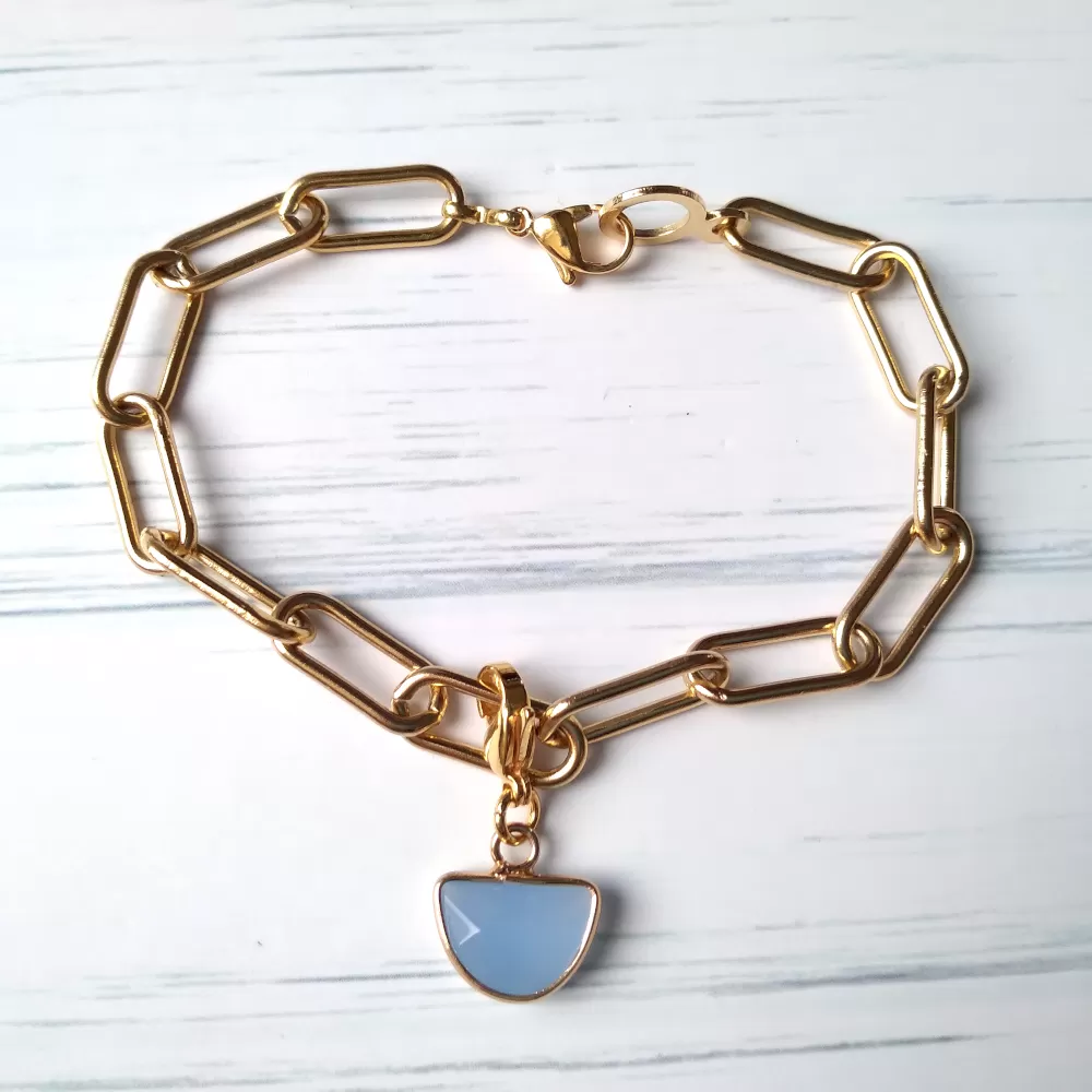 Blue Chalcedony Halfmoon Paperclip Bracelet